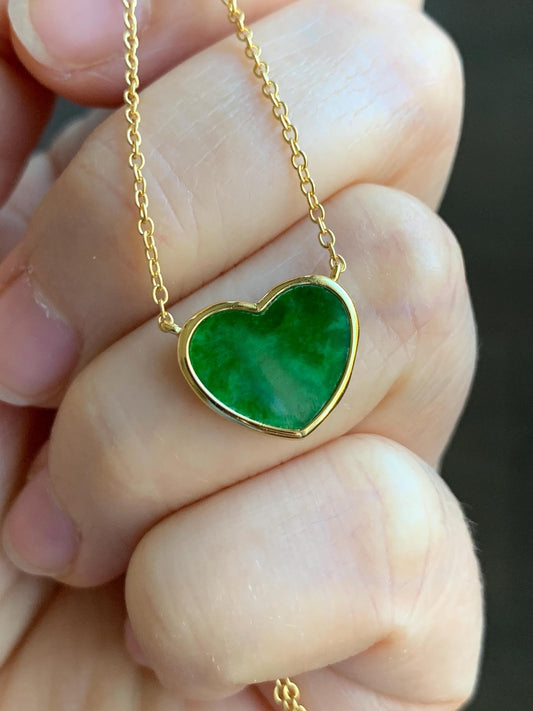 Certified Natural Grade A Translucent Vibrant Green Jadeite Heart Pendant Necklace Sterling Silver YG Overlay 天然花青爱心翡翠蛋面银镶锁骨链套链 1669