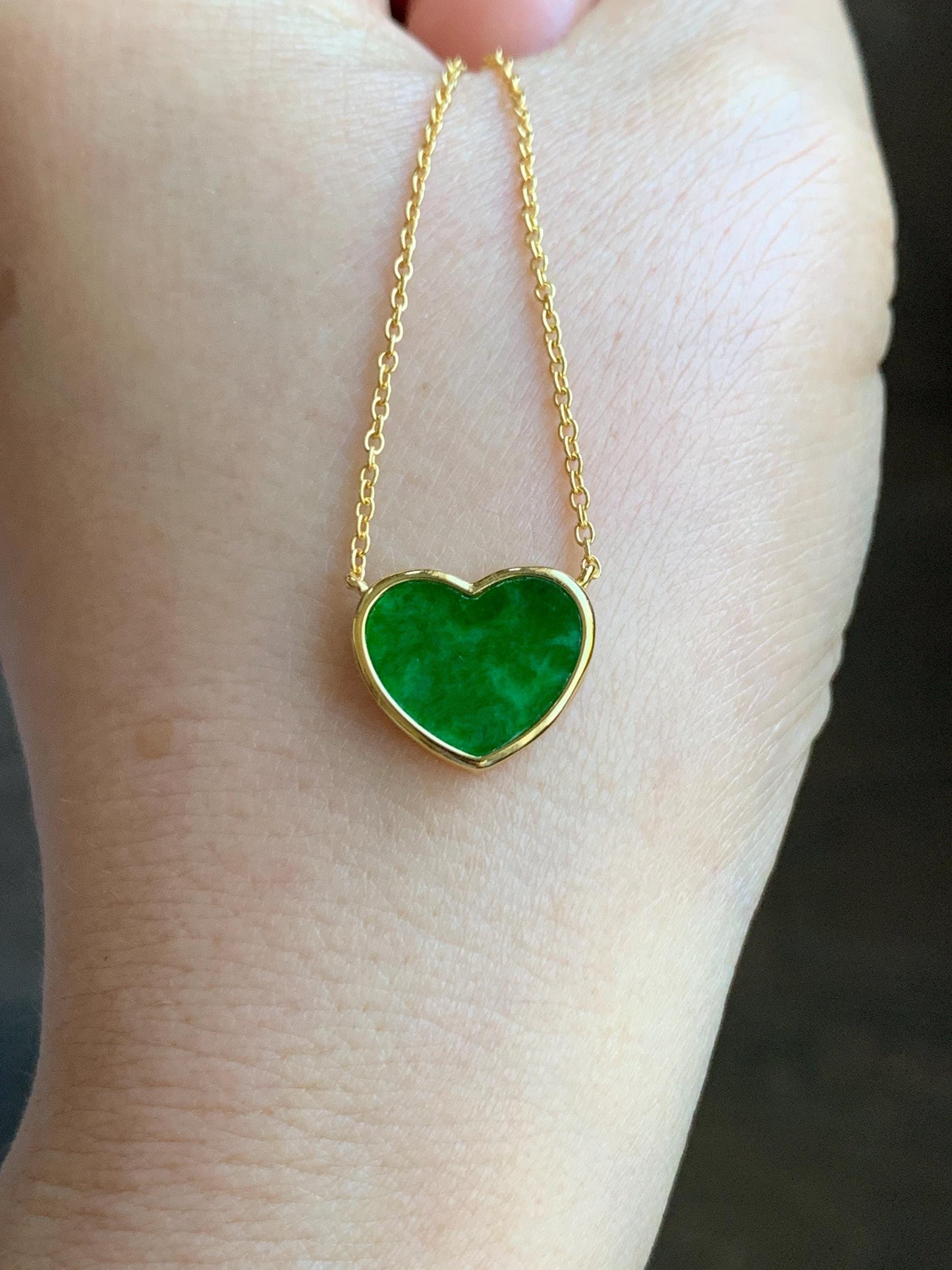 Certified Natural Grade A Translucent Vibrant Green Jadeite Heart Pendant Necklace Sterling Silver YG Overlay 天然花青爱心翡翠蛋面银镶锁骨链套链 1669