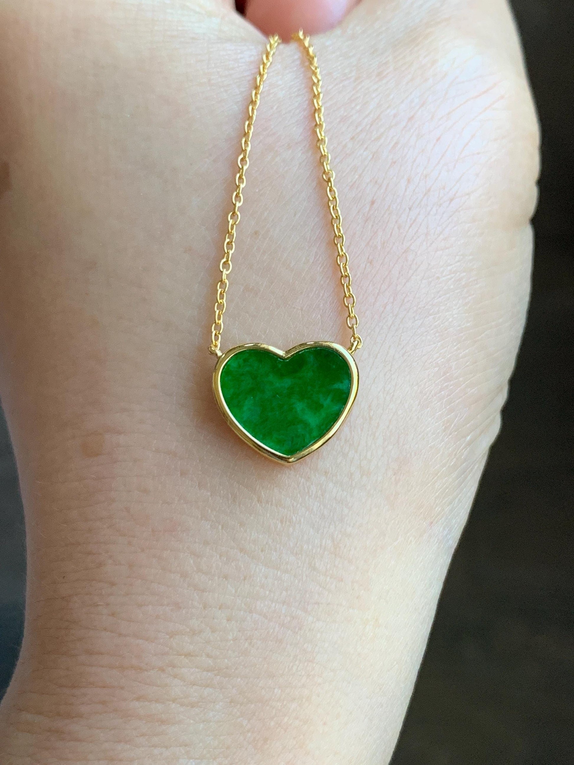Certified Natural Grade A Translucent Vibrant Green Jadeite Heart Pendant Necklace Sterling Silver YG Overlay 天然花青爱心翡翠蛋面银镶锁骨链套链 1669