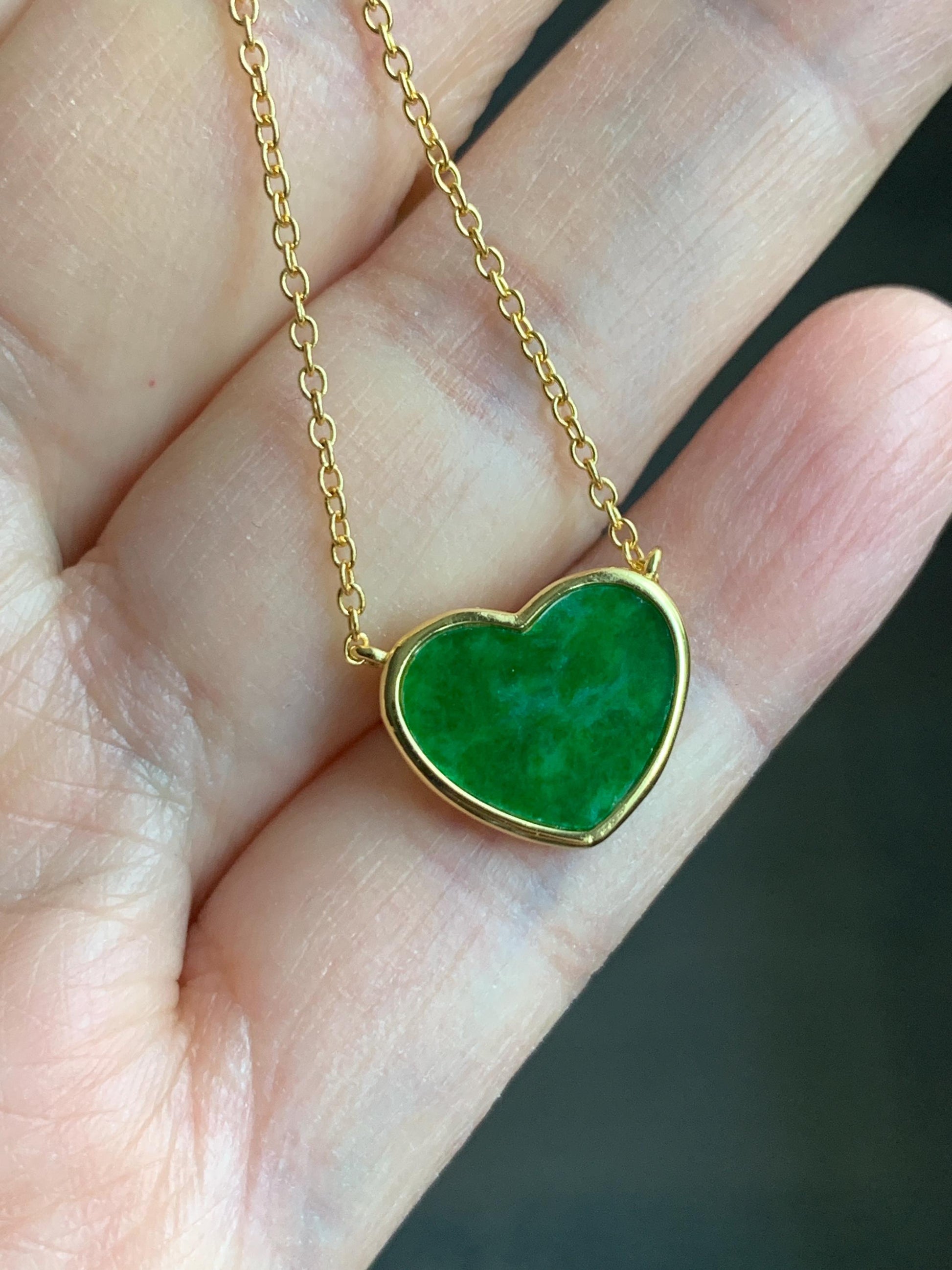 Certified Natural Grade A Translucent Vibrant Green Jadeite Heart Pendant Necklace Sterling Silver YG Overlay 天然花青爱心翡翠蛋面银镶锁骨链套链 1669