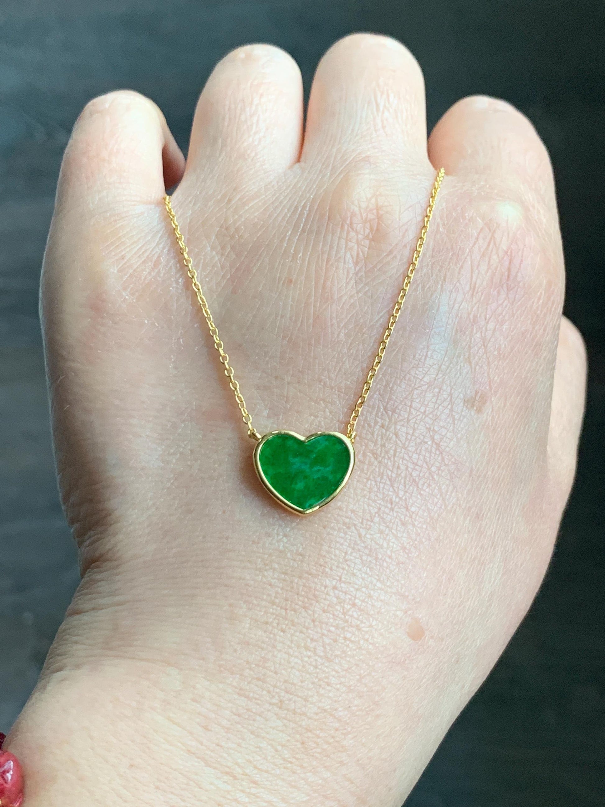 Certified Natural Grade A Translucent Vibrant Green Jadeite Heart Pendant Necklace Sterling Silver YG Overlay 天然花青爱心翡翠蛋面银镶锁骨链套链 1669