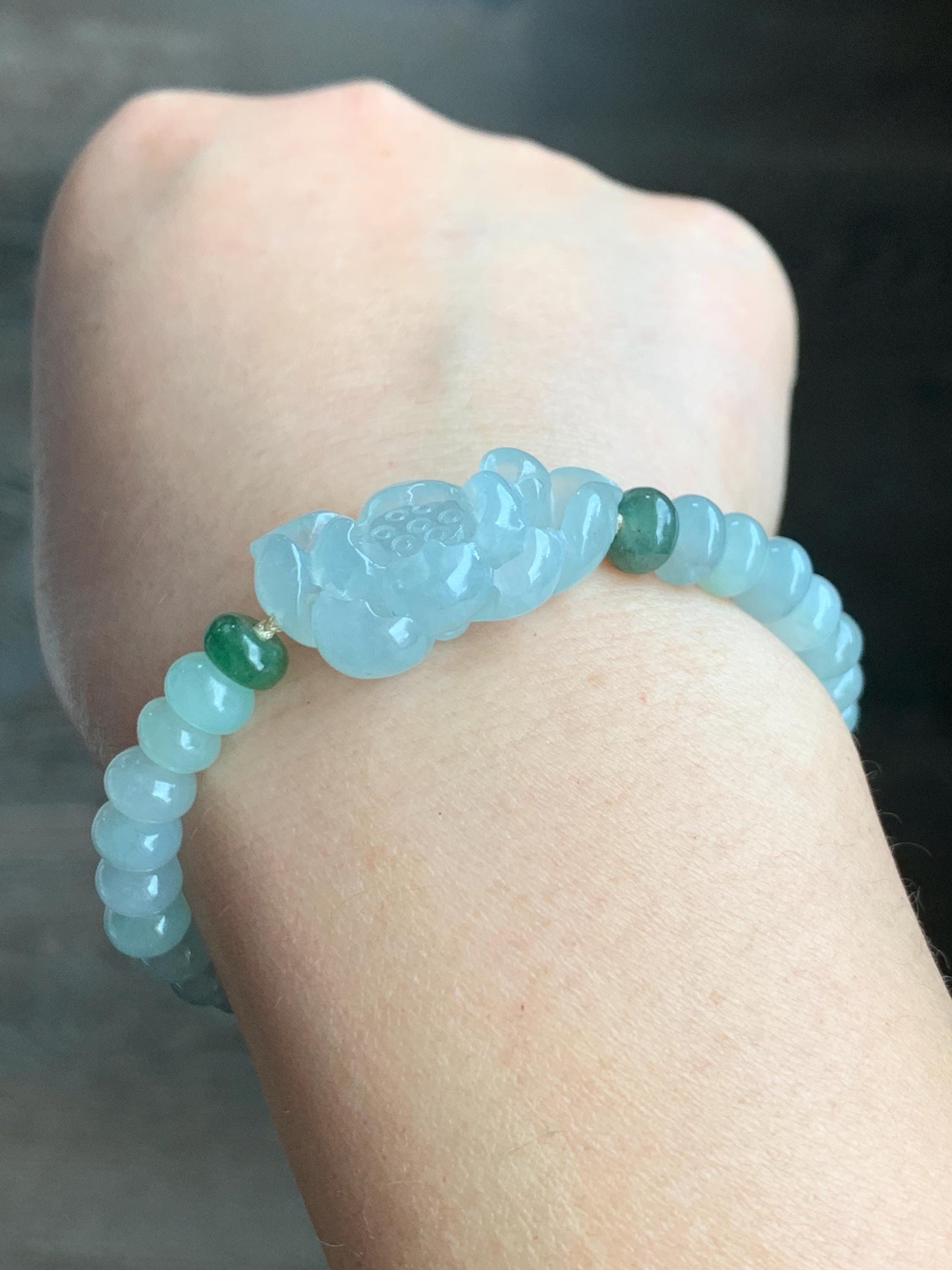 Certified Natural Grade A Icy Highly Translucent Gelatinous Light Green Jadeite Lotus Flower Beaded Bracelet