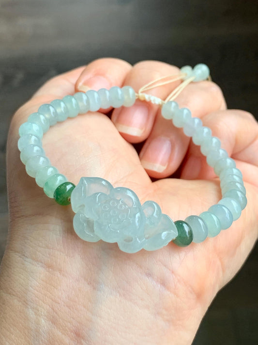 Certified Natural Grade A Icy Highly Translucent Gelatinous Light Green Jadeite Lotus Flower Beaded Bracelet 15g 天然冰胶晴色翡翠莲花算盘珠手串