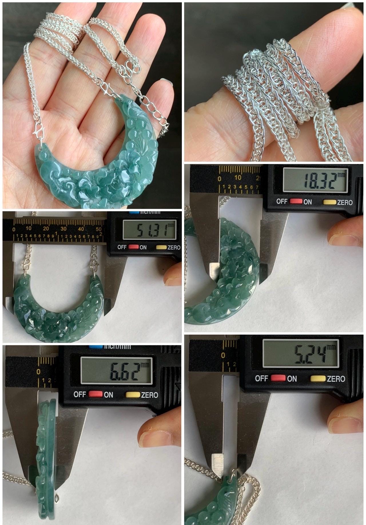 Natural Grade A Icy Translucent Gelatinous Teal Blue Jadeite Carved Floral Crescent Pendant 999 Sterling Silver Necklace 28g Adjustable