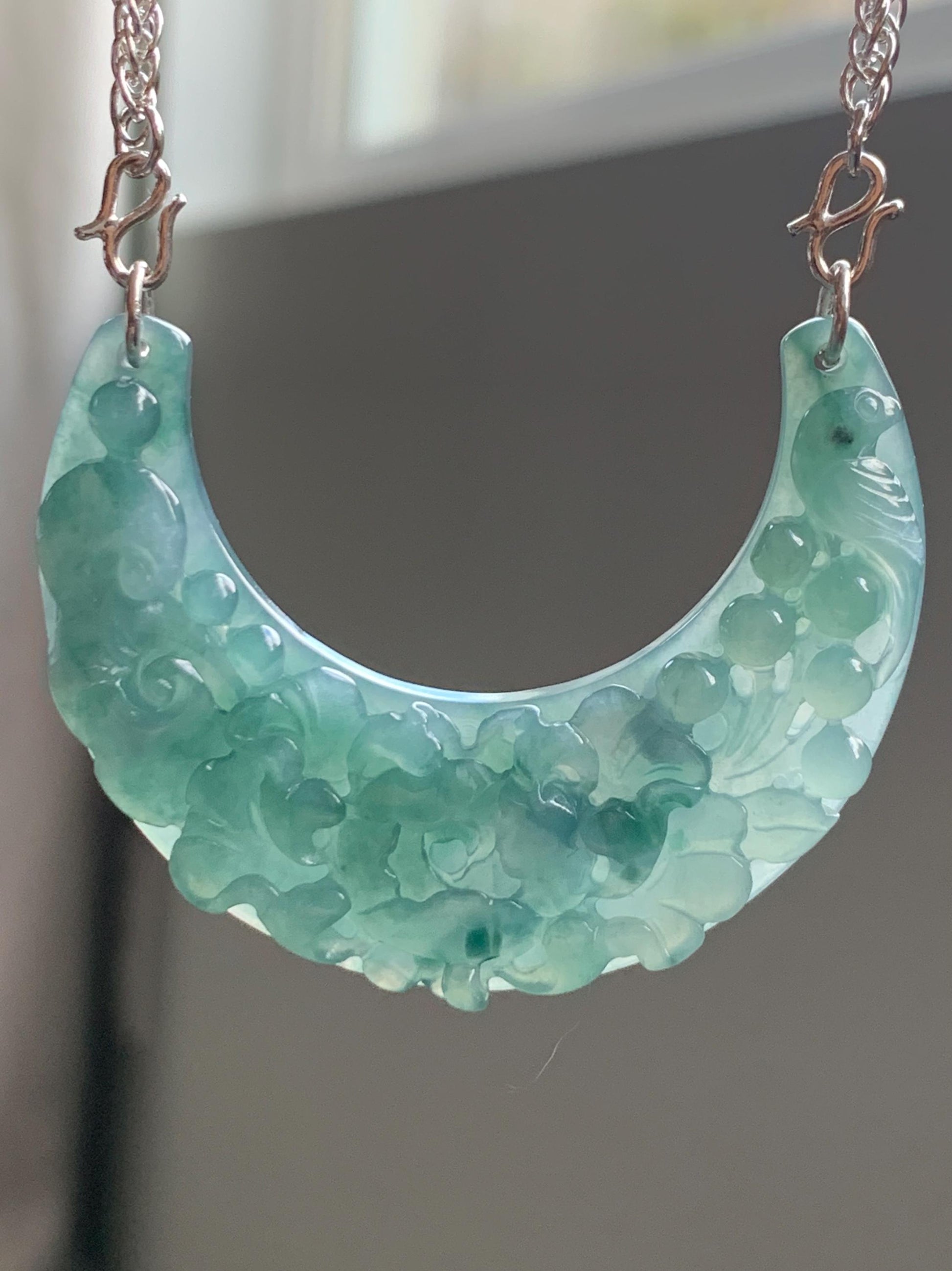 Natural Grade A Icy Translucent Gelatinous Teal Blue Jadeite Carved Floral Crescent Pendant 999 Sterling Silver Necklace 28g Adjustable