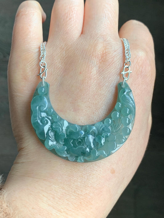 Natural Grade A Icy Translucent Gelatinous Teal Blue Jadeite Carved Floral Crescent Pendant 999 Sterling Silver Necklace 28g Adjustable  天然冰胶蓝水翡翠花开富贵玉横足银项链