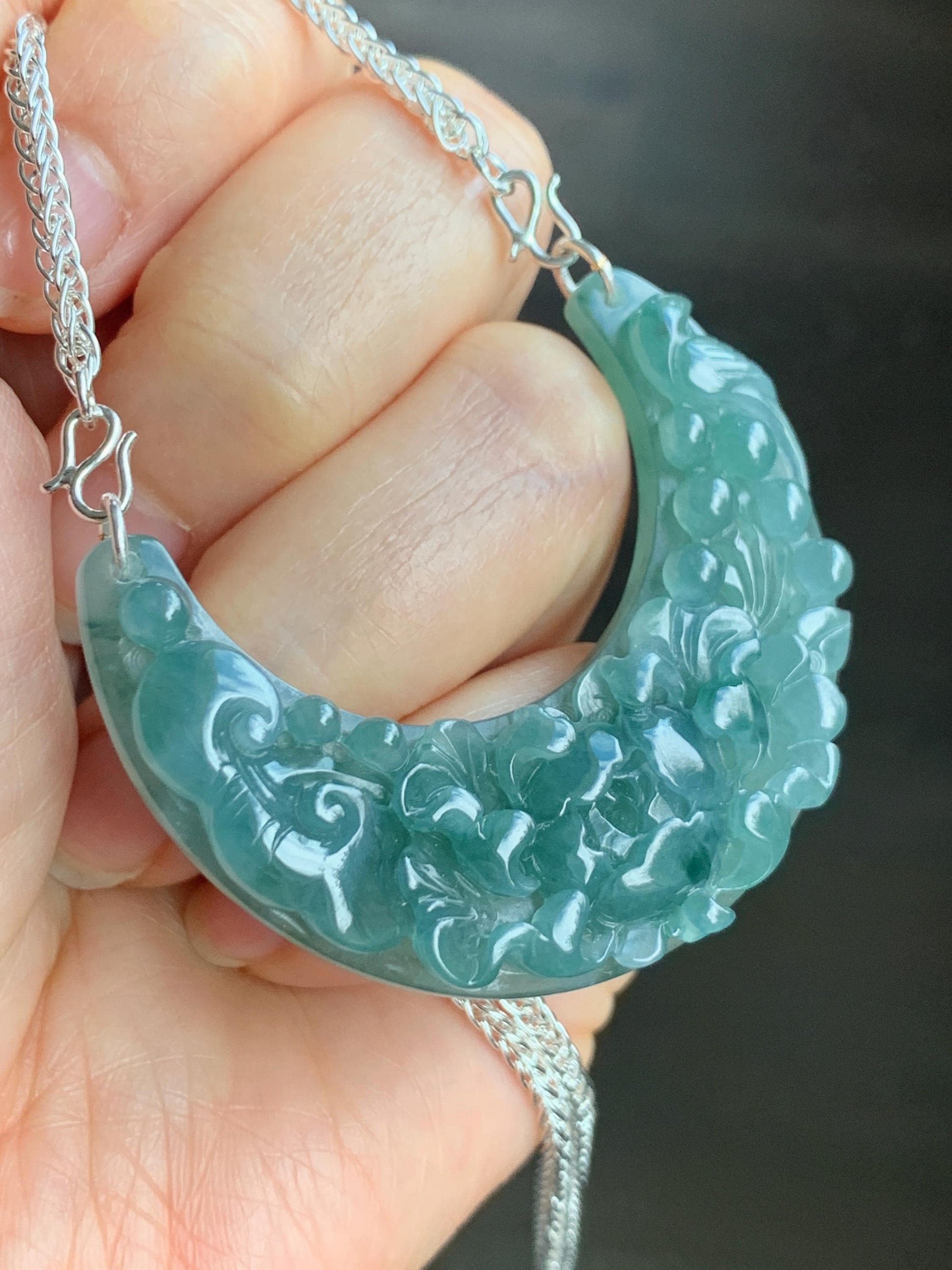 Natural Grade A Icy Translucent Gelatinous Teal Blue Jadeite Carved Floral Crescent Pendant 999 Sterling Silver Necklace 28g Adjustable