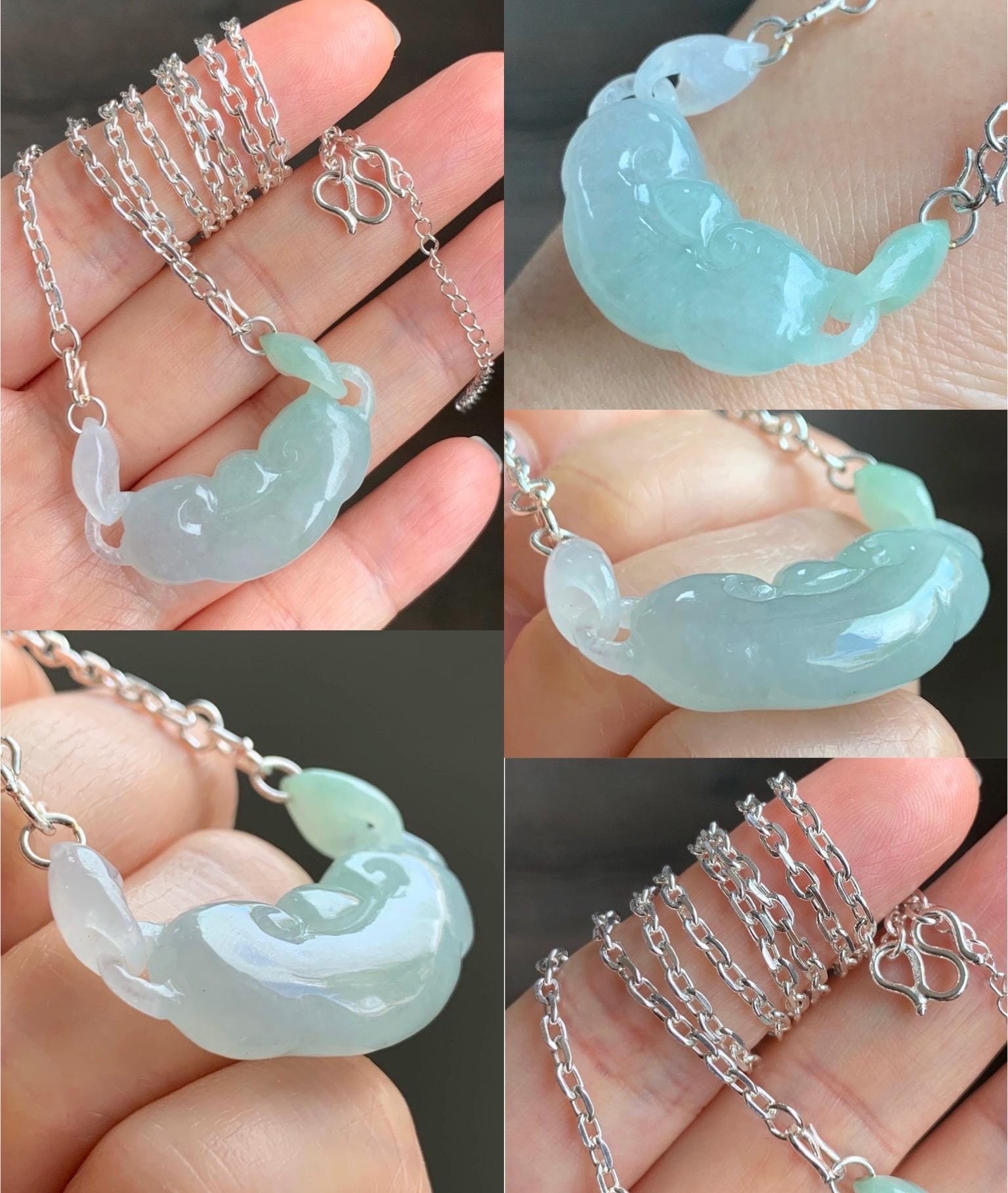 Natural Grade A Icy Translucent Gelatinous light Green Jadeite Ruyi w/ Interlocking Rings Pendant 999 Sterling Silver Necklace Adjustable 15g