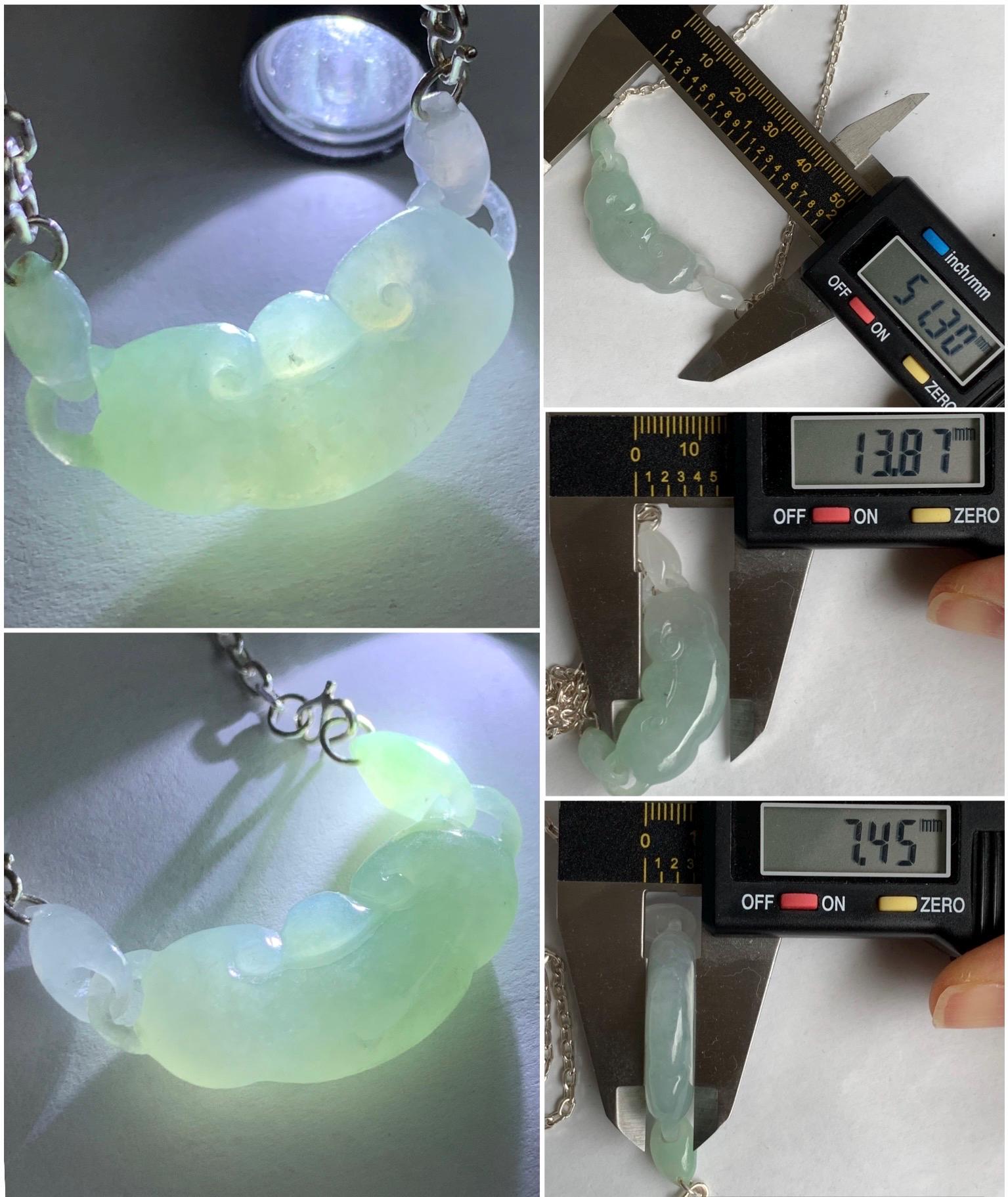 Natural Icy Translucent Gelatinous light Green Jadeite Ruyi w/ Interlocking Rings Pendant 999 Sterling Silver Necklace 21” 天然冰胶晴底翡翠如意玉横足银项链