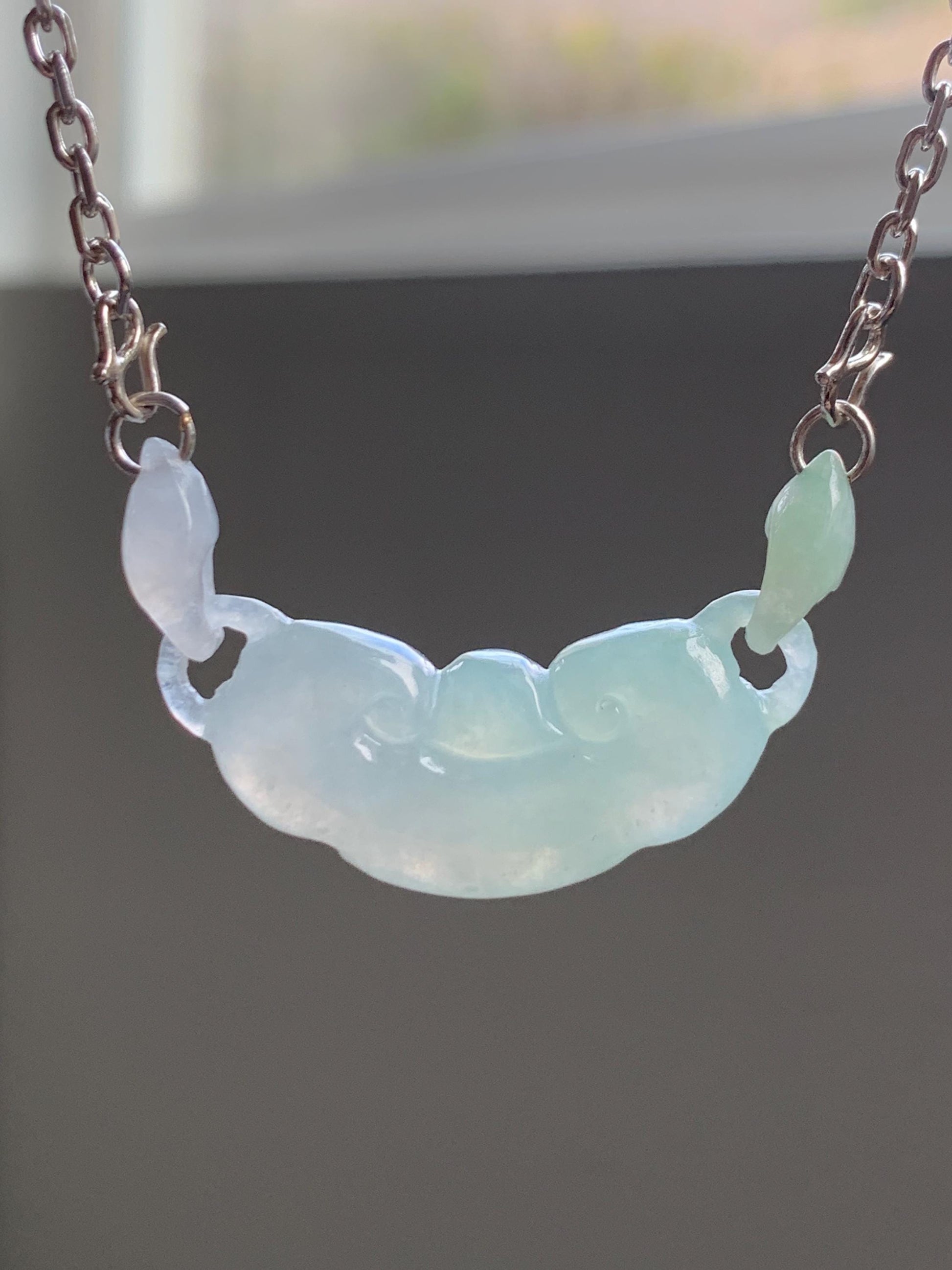 Natural Grade A Icy Translucent Gelatinous light Green Jadeite Ruyi w/ Interlocking Rings Pendant 999 Sterling Silver Necklace Adjustable 15g