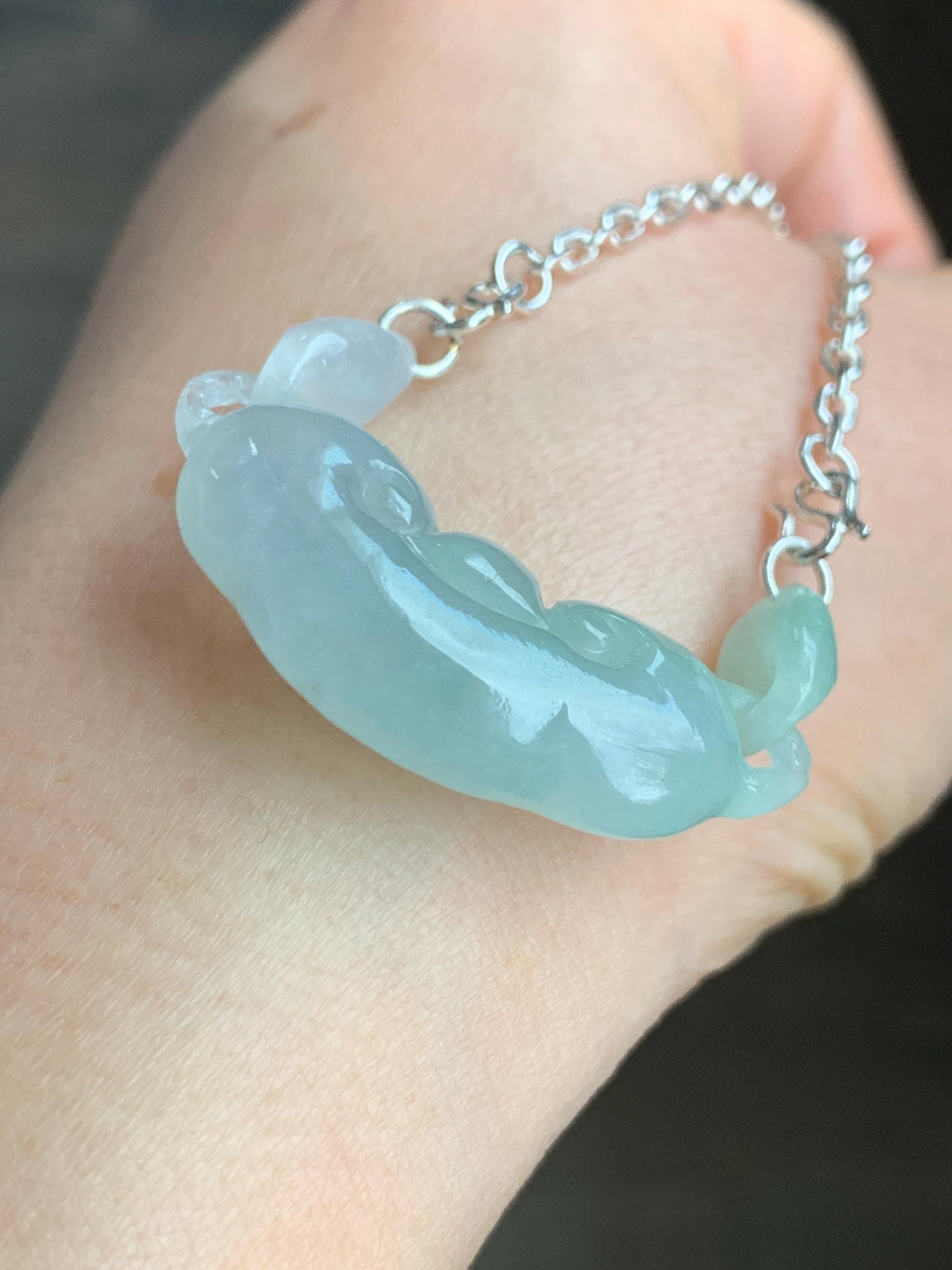 Natural Grade A Icy Translucent Gelatinous light Green Jadeite Ruyi w/ Interlocking Rings Pendant 999 Sterling Silver Necklace Adjustable 15g