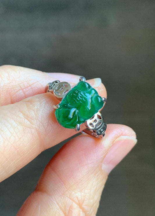 Natural Guatemalan Icy Translucent Deep Green Jadeite Carved Goldfish Ring S925 Sterling Silver Size 7 Adjustable 天然冰危绿翡翠金鱼银镶戒指 XJY88