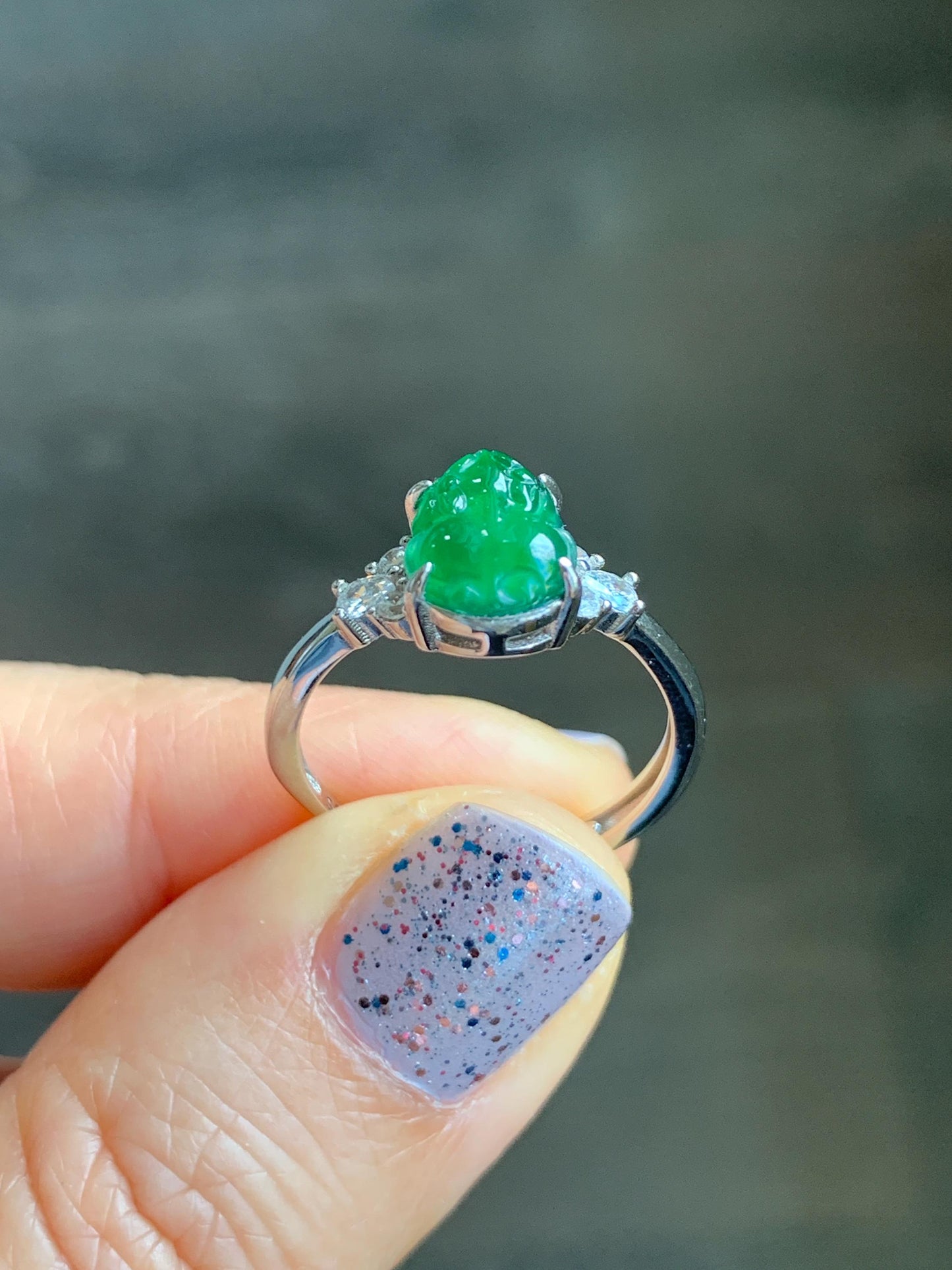 Natural Guatemalan Icy Translucent Vibrant Green Jadeite Carved Pixiu Ring S925 Sterling Silver Size 7 Adjustable 天然高冰危绿翡翠貔貅银镶戒指 WXP88