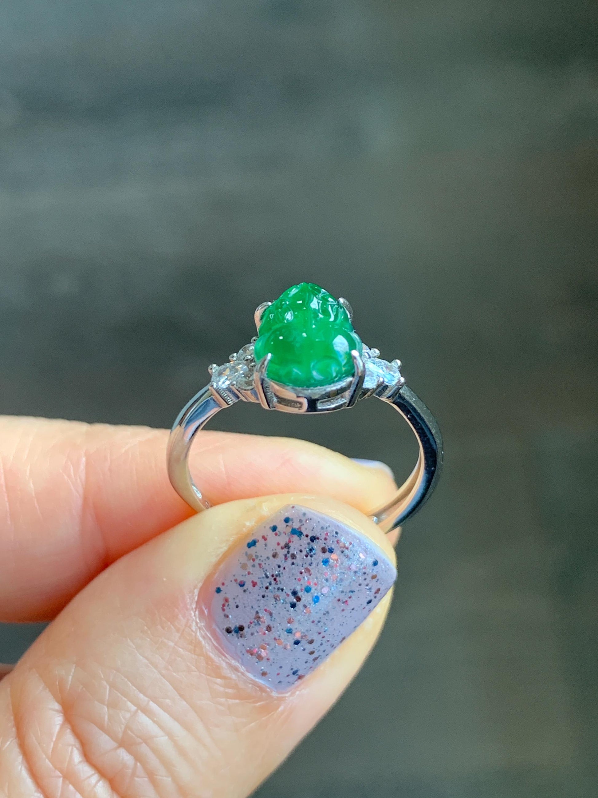 Natural Guatemalan Icy Translucent Vibrant Green Jadeite Carved Pixiu Ring S925 Sterling Silver Size 7 Adjustable 天然高冰危绿翡翠貔貅银镶戒指 WXP88