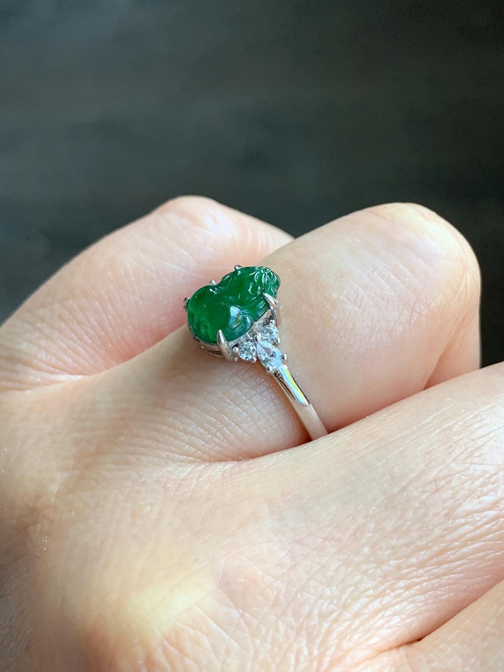Natural Guatemalan Icy Translucent Vibrant Green Jadeite Carved Pixiu Ring S925 Sterling Silver Size 7 Adjustable 天然高冰危绿翡翠貔貅银镶戒指 WXP88