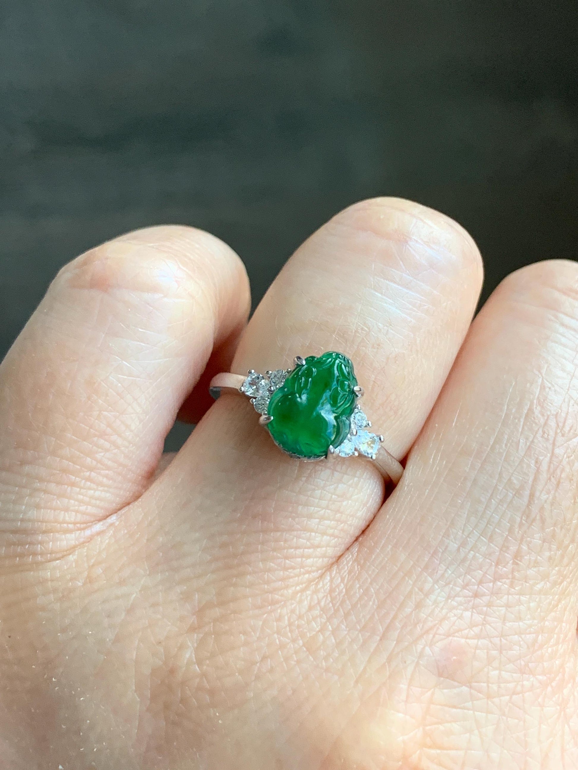 Natural Guatemalan Icy Translucent Vibrant Green Jadeite Carved Pixiu Ring S925 Sterling Silver Size 7 Adjustable 天然高冰危绿翡翠貔貅银镶戒指 WXP88