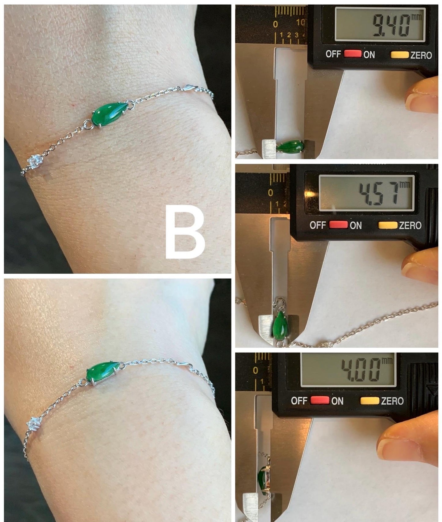 Natural Guatemalan Icy Translucent Vibrant Green Teardrop Jadeite Cable Link Chain Bracelet Sterling Silver 6.25”-7.5” 天然冰危绿水滴翡翠银镶手链