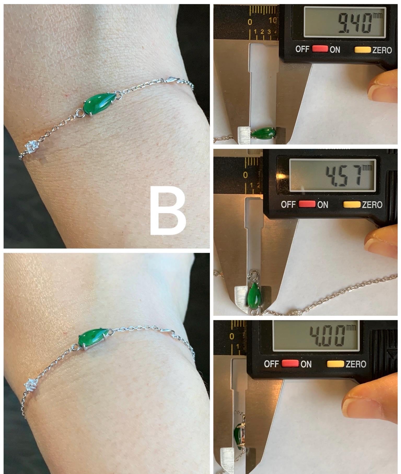 Natural Guatemalan Icy Translucent Vibrant Green Teardrop Jadeite Cable Link Chain Bracelet Sterling Silver 6.25”-7.5” 天然冰危绿水滴翡翠银镶手链