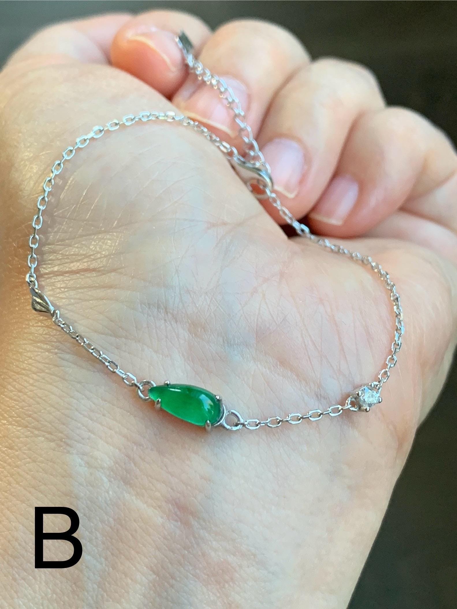Natural Guatemalan Icy Translucent Vibrant Green Teardrop Jadeite Cable Link Chain Bracelet Sterling Silver 6.25”-7.5” 天然冰危绿水滴翡翠银镶手链