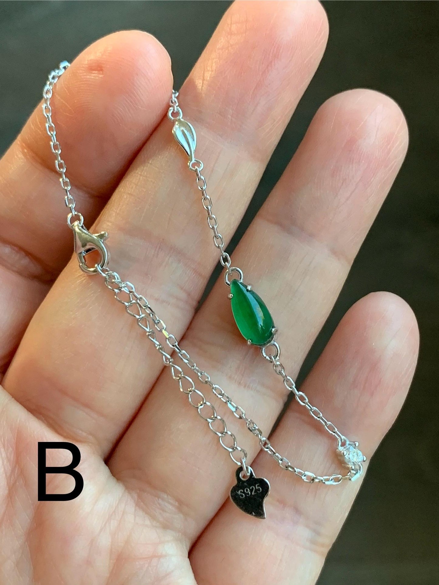 Natural Guatemalan Icy Translucent Vibrant Green Teardrop Jadeite Cable Link Chain Bracelet Sterling Silver 6.25”-7.5” 天然冰危绿水滴翡翠银镶手链