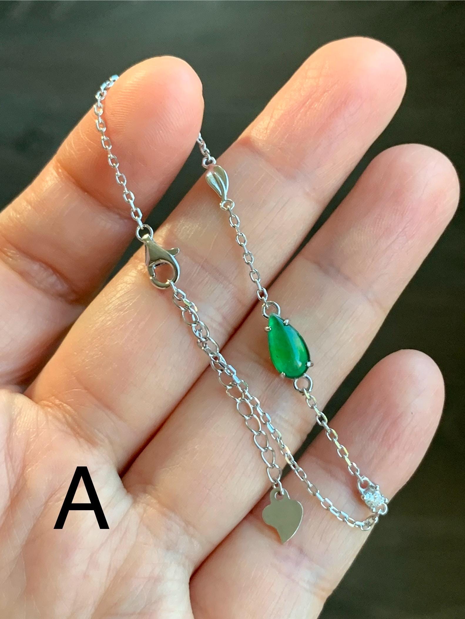 Natural Guatemalan Icy Translucent Vibrant Green Teardrop Jadeite Cable Link Chain Bracelet Sterling Silver 6.25”-7.5” 天然冰危绿水滴翡翠银镶手链