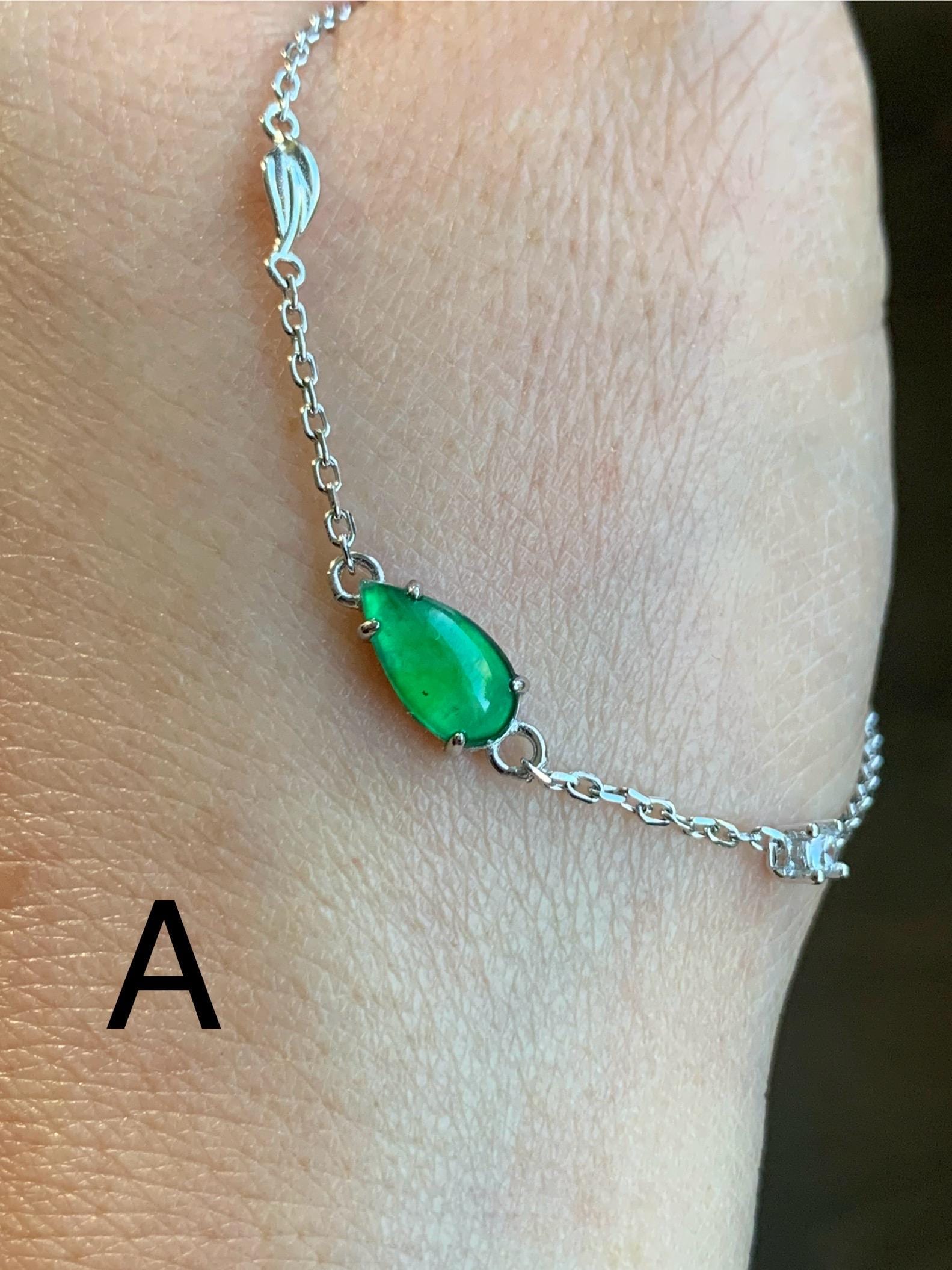 Natural Guatemalan Icy Translucent Vibrant Green Teardrop Jadeite Cable Link Chain Bracelet Sterling Silver 6.25”-7.5” 天然冰危绿水滴翡翠银镶手链
