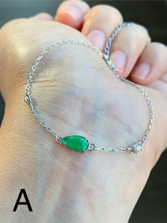 Natural Guatemalan Icy Translucent Vibrant Green Teardrop Jadeite Cable Link Chain Bracelet Sterling Silver 6.25”-7.5” 天然冰危绿水滴翡翠银镶手链