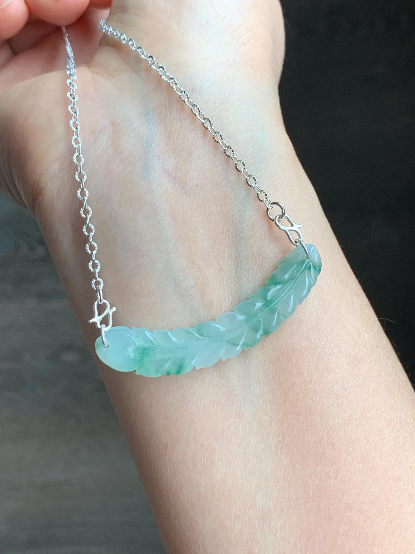 Natural Grade A Icy Translucent Gelatinous Light Green Marbled Jadeite Carved Feather Pendant 999 Sterling Silver Necklace Adjustable 6g