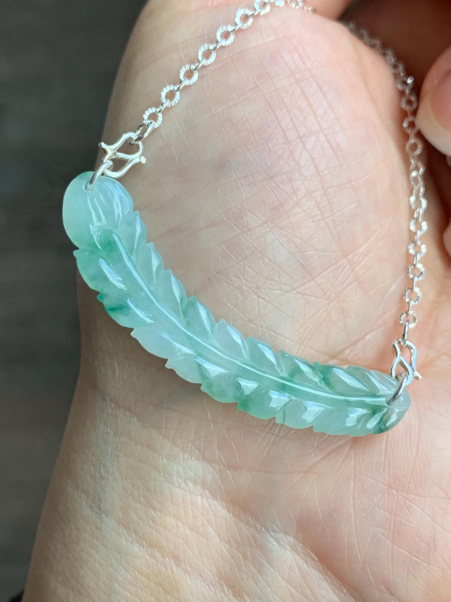 Natural Grade A Icy Translucent Gelatinous Light Green Marbled Jadeite Carved Feather Pendant 999 Sterling Silver Necklace Adjustable 6g