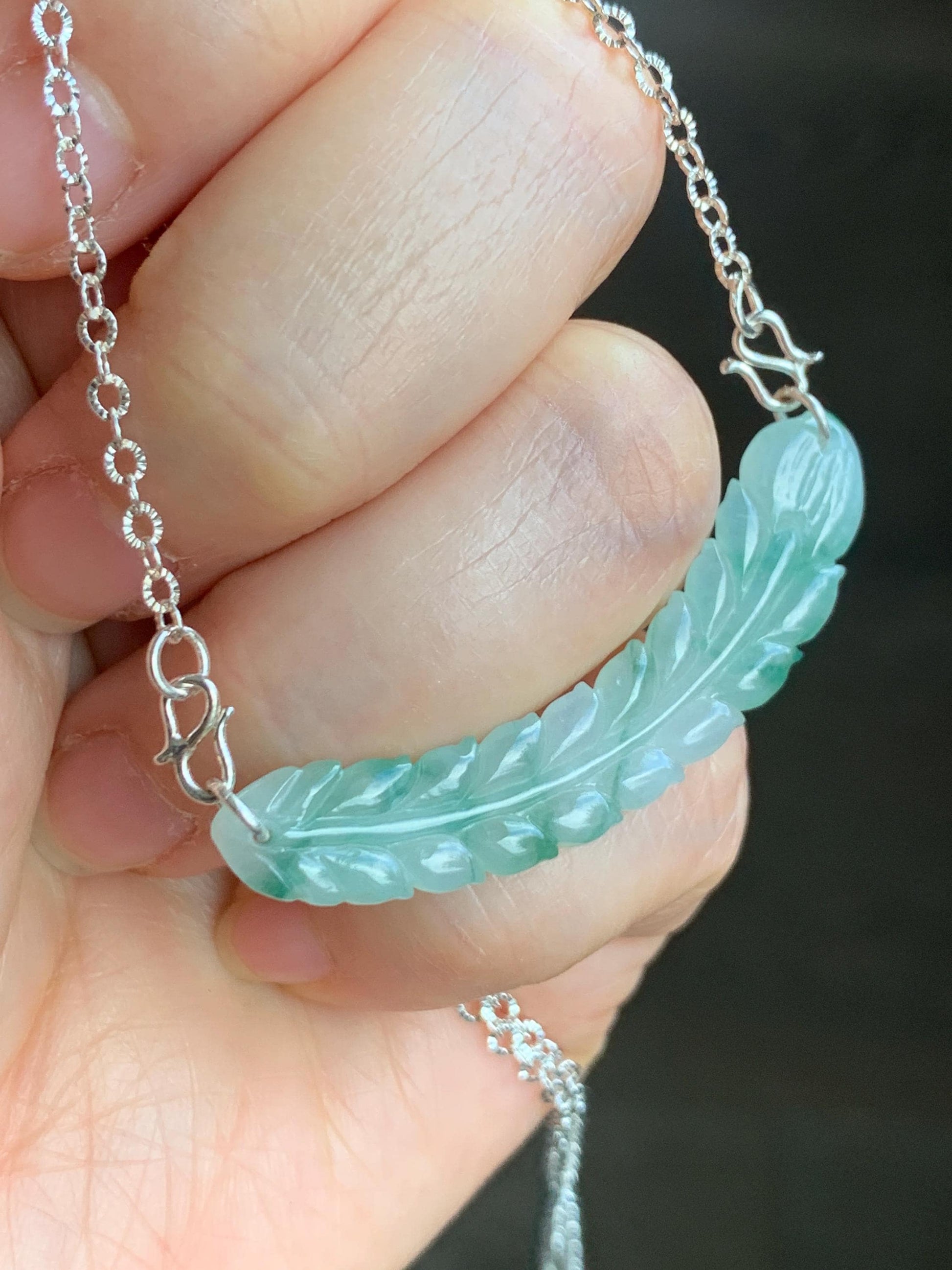 Natural Grade A Icy Translucent Gelatinous Light Green Marbled Jadeite Carved Feather Pendant 999 Sterling Silver Necklace Adjustable 6g