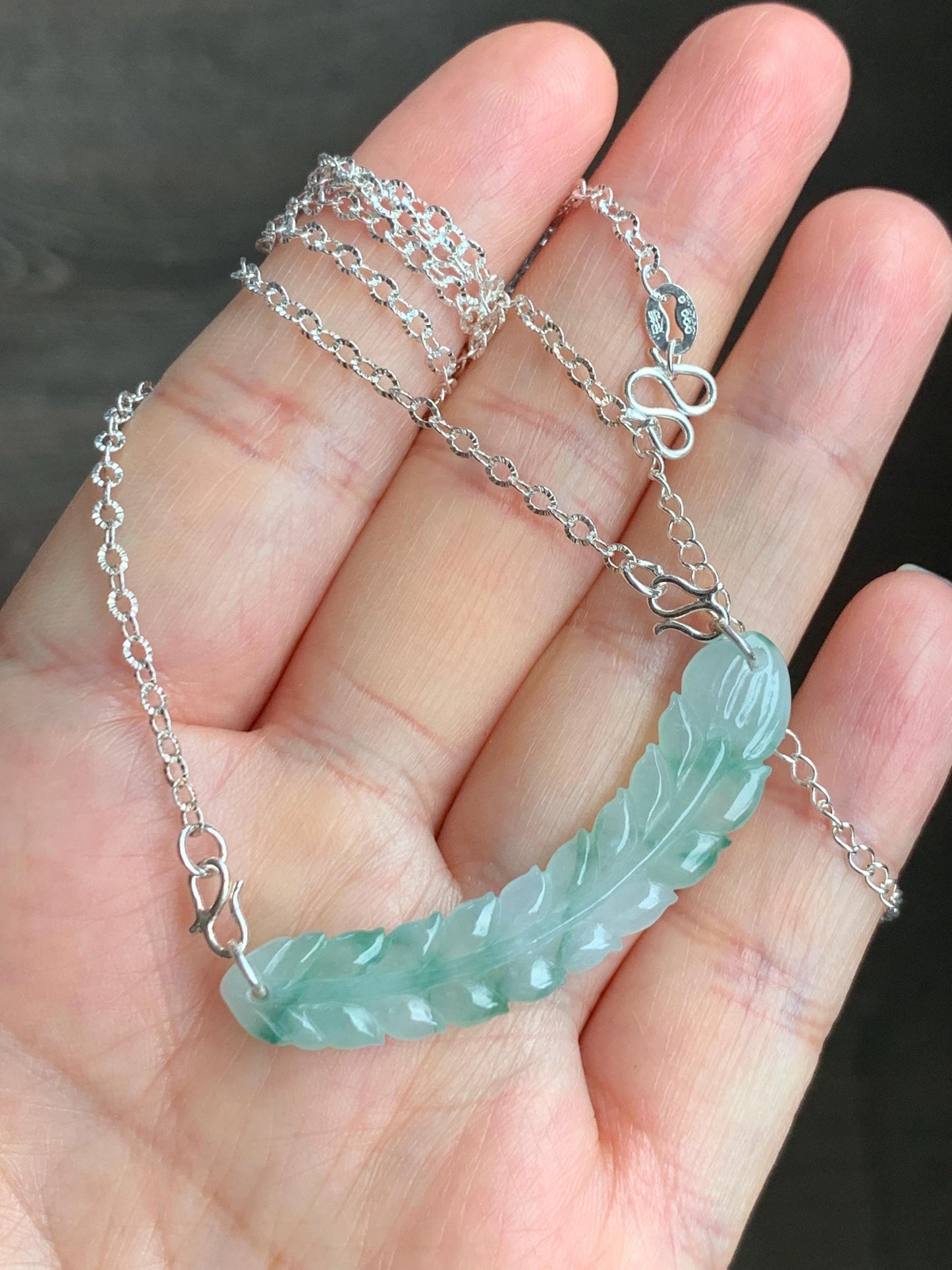 Natural Grade A Icy Translucent Gelatinous Light Green Marbled Jadeite Carved Feather Pendant 999 Sterling Silver Necklace Adjustable 6g