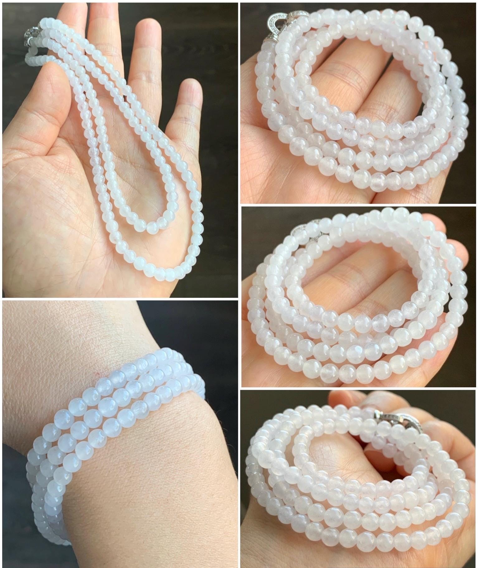 Certified Grade A Natural Icy Highly Translucent White Jadeite Round Beads Beaded Necklace 4.8mm 25.9g