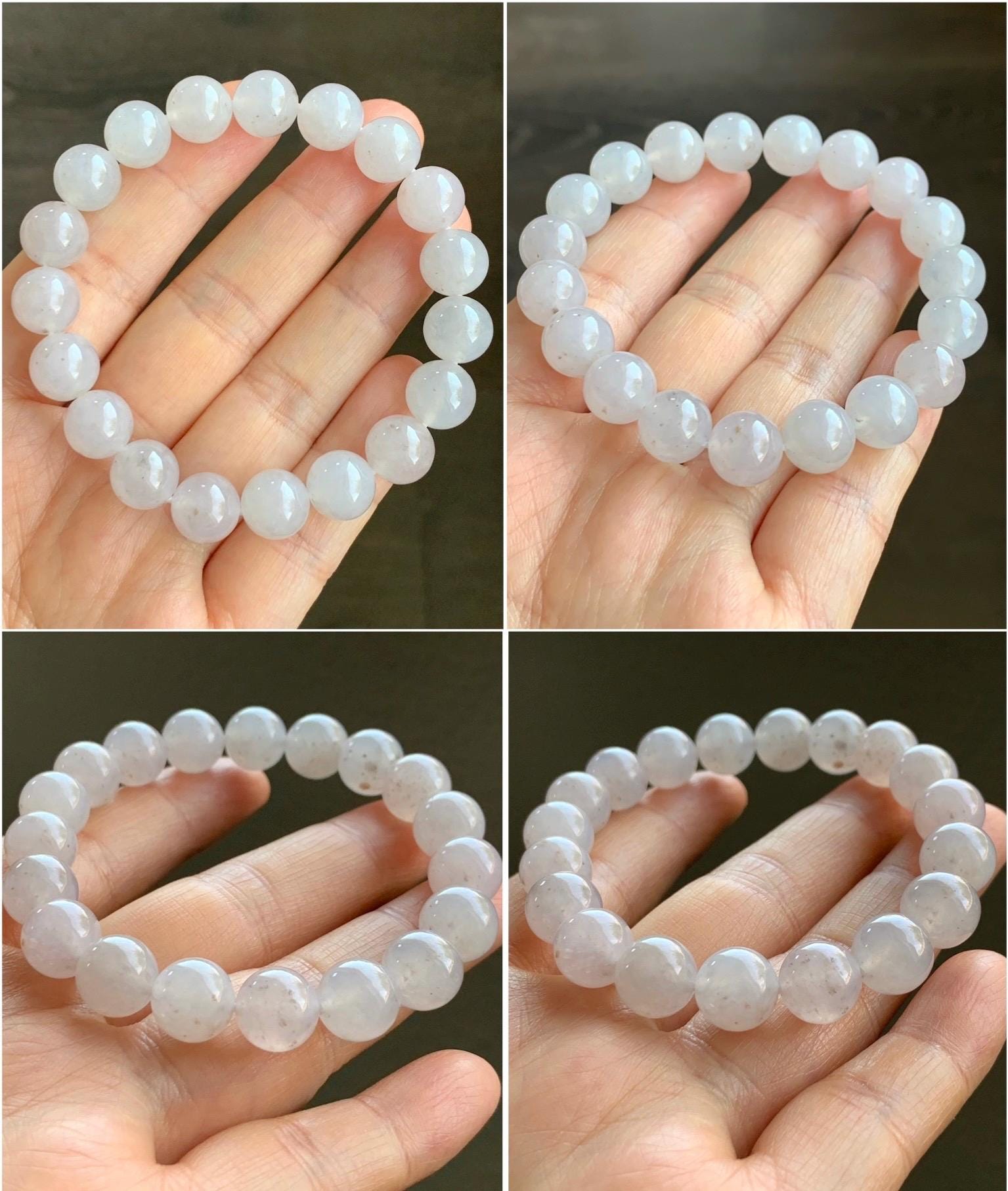 Certified Natural Grade A Icy Highly Translucent Gelatinous Pastel Dusty Rose Jadeite with dark yellow and gray marbling spots Large Beads Beaded Bracelet 10mm