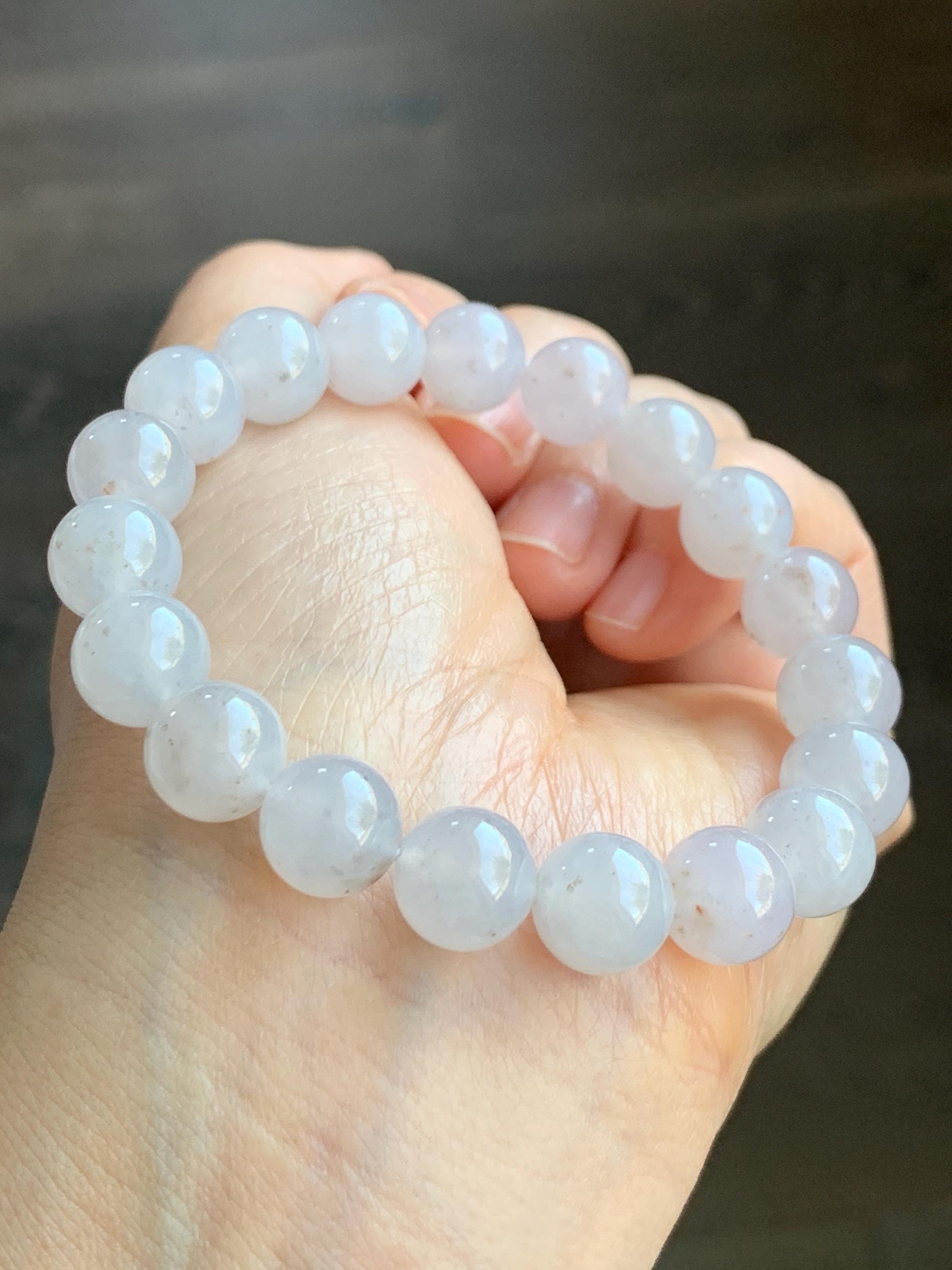 Certified Natural Grade A Icy Highly Translucent Gelatinous Pastel Dusty Rose Jadeite with dark yellow and gray marbling spots Large Beads Beaded Bracelet 10mm