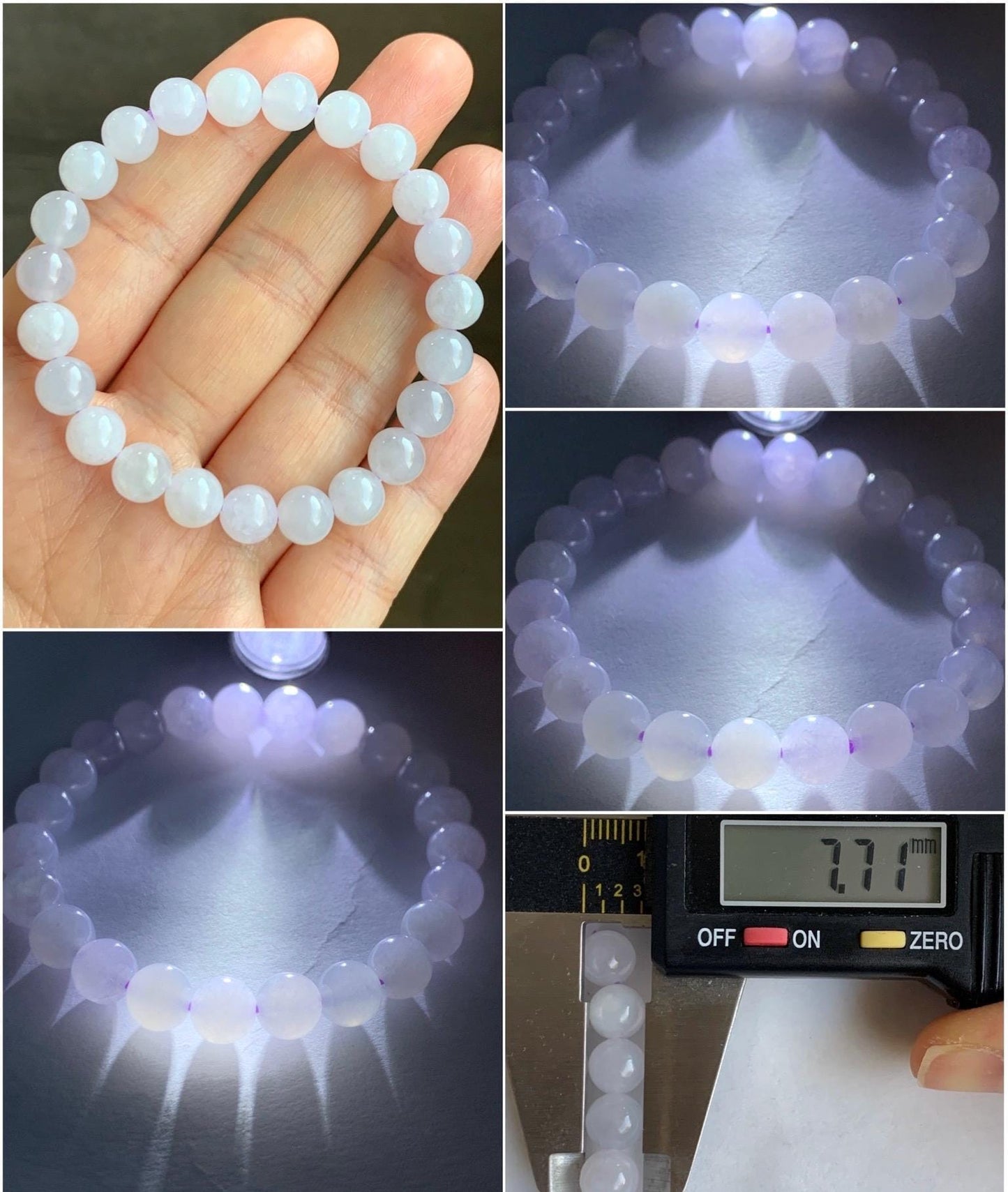 Natural Grade A Icy Translucent Gelatinous Jadeite w/ Pastel Lavender Undertone Round Beads Beaded Bracelet 7.7mm 6.25” 天然冰胶淡紫底翡翠手串 XBZ268