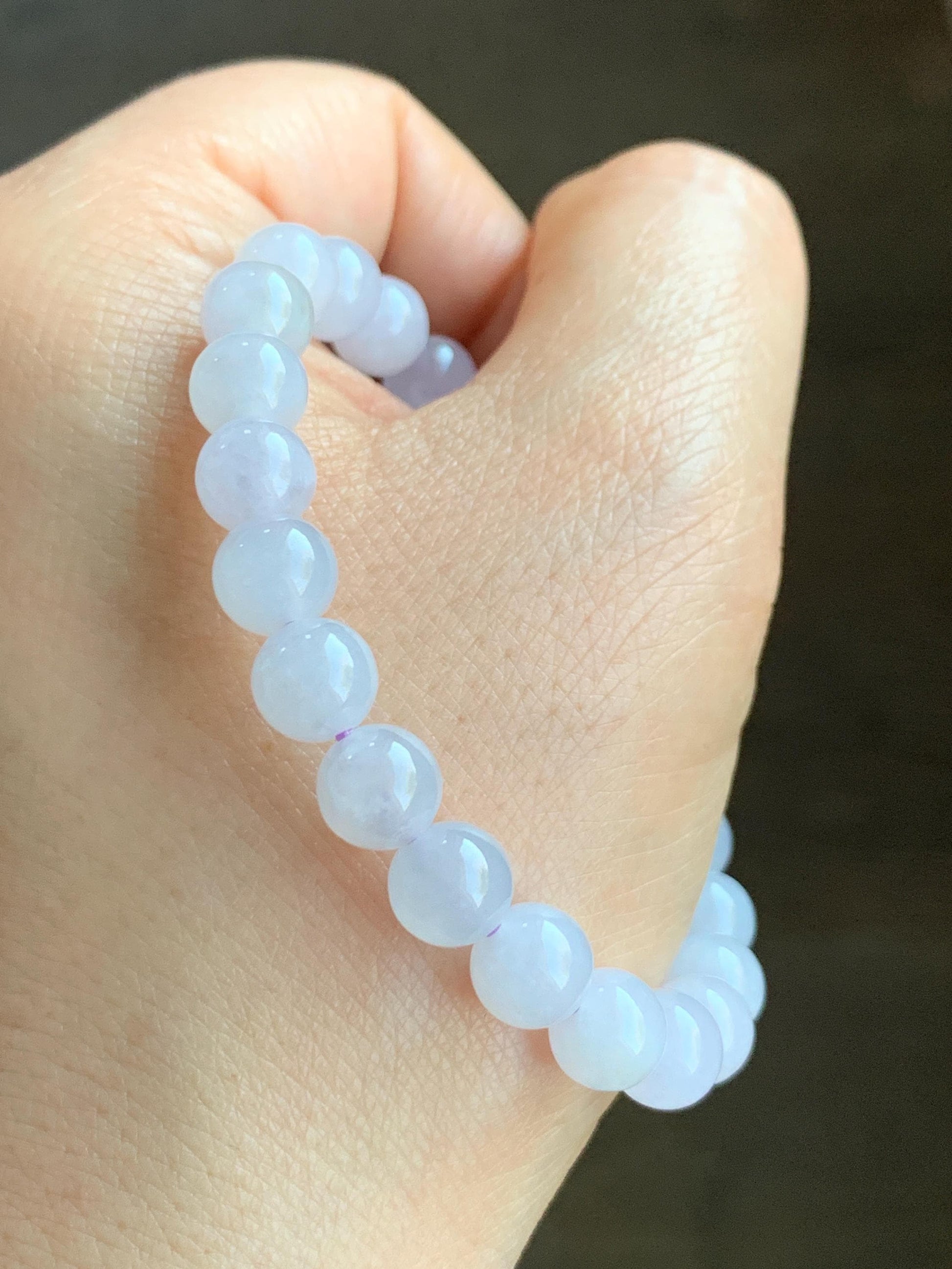 Natural Grade A Icy Translucent Gelatinous Jadeite w/ Pastel Lavender Undertone Round Beads Beaded Bracelet 7.7mm