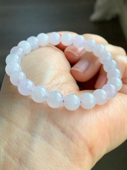 Natural Grade A Icy Translucent Gelatinous Jadeite w/ Pastel Lavender Undertone Round Beads Beaded Bracelet 7.7mm  天然冰胶淡紫底翡翠手串