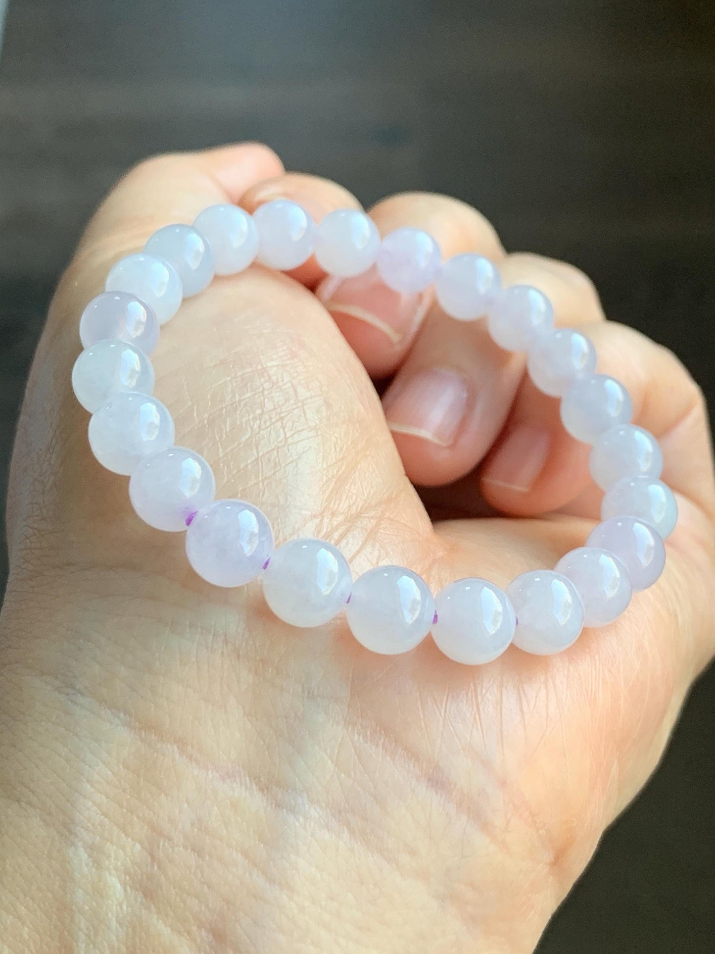 Natural Grade A Icy Translucent Gelatinous Jadeite w/ Pastel Lavender Undertone Round Beads Beaded Bracelet 7.7mm