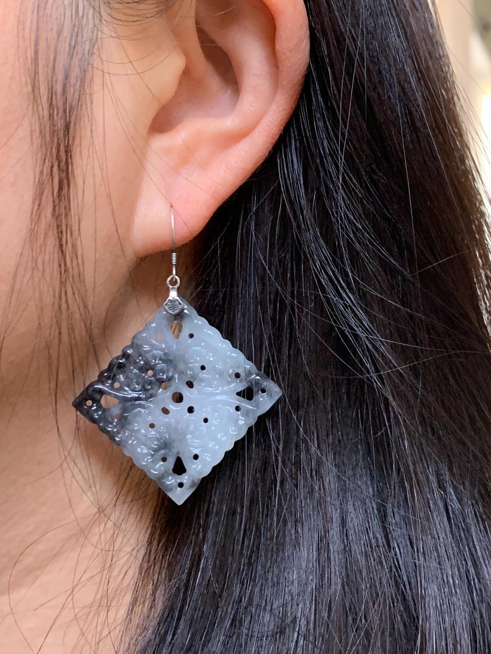 Natural Grade A Icy Translucent Wuji Marbled Jadeite Diamond Shaped Openwork Engraved Dangle Earrings Sterling Silver 15g