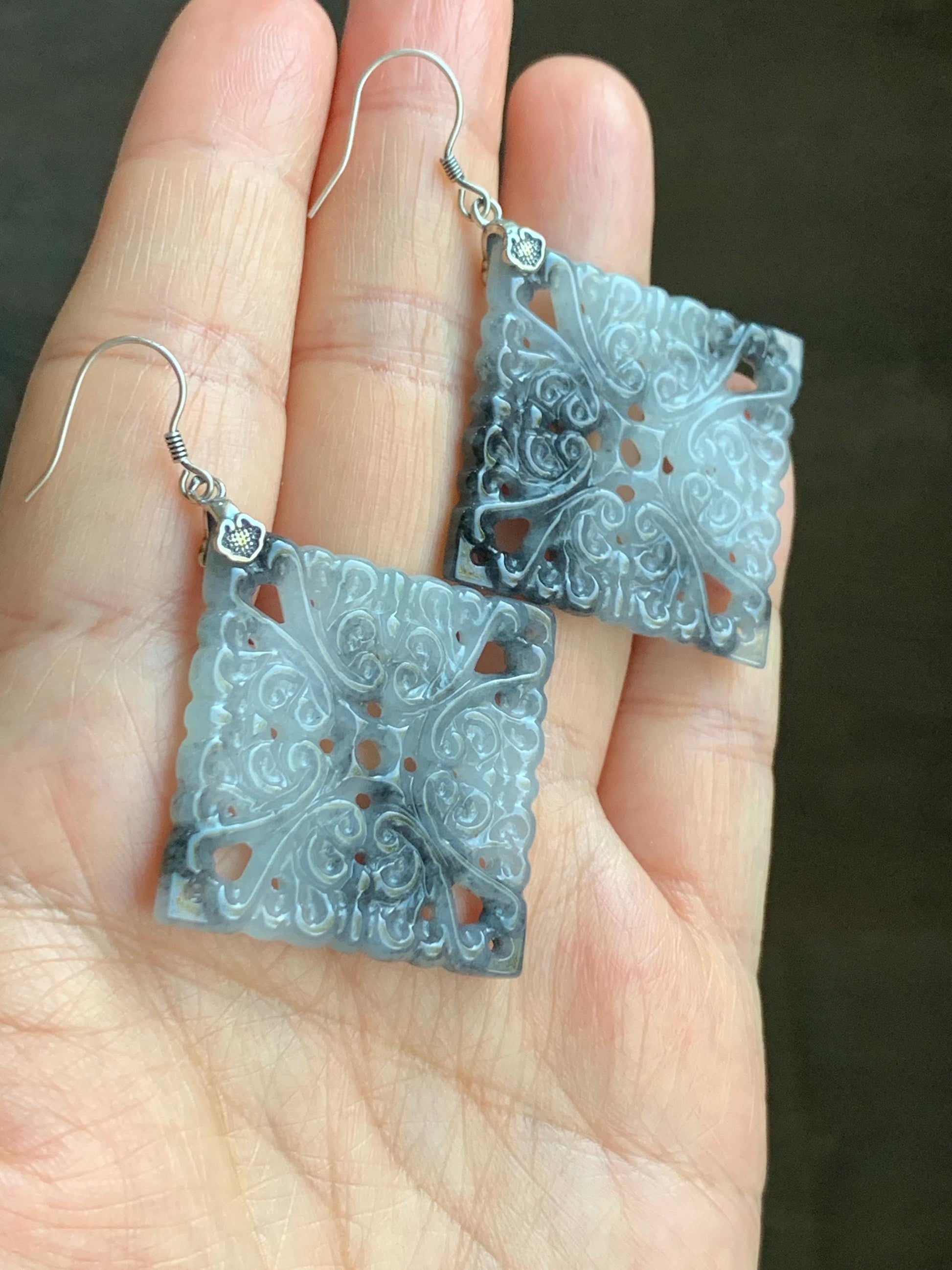 Natural Grade A Icy Translucent Wuji Marbled Jadeite Diamond Shaped Openwork Engraved Dangle Earrings Sterling Silver 15g