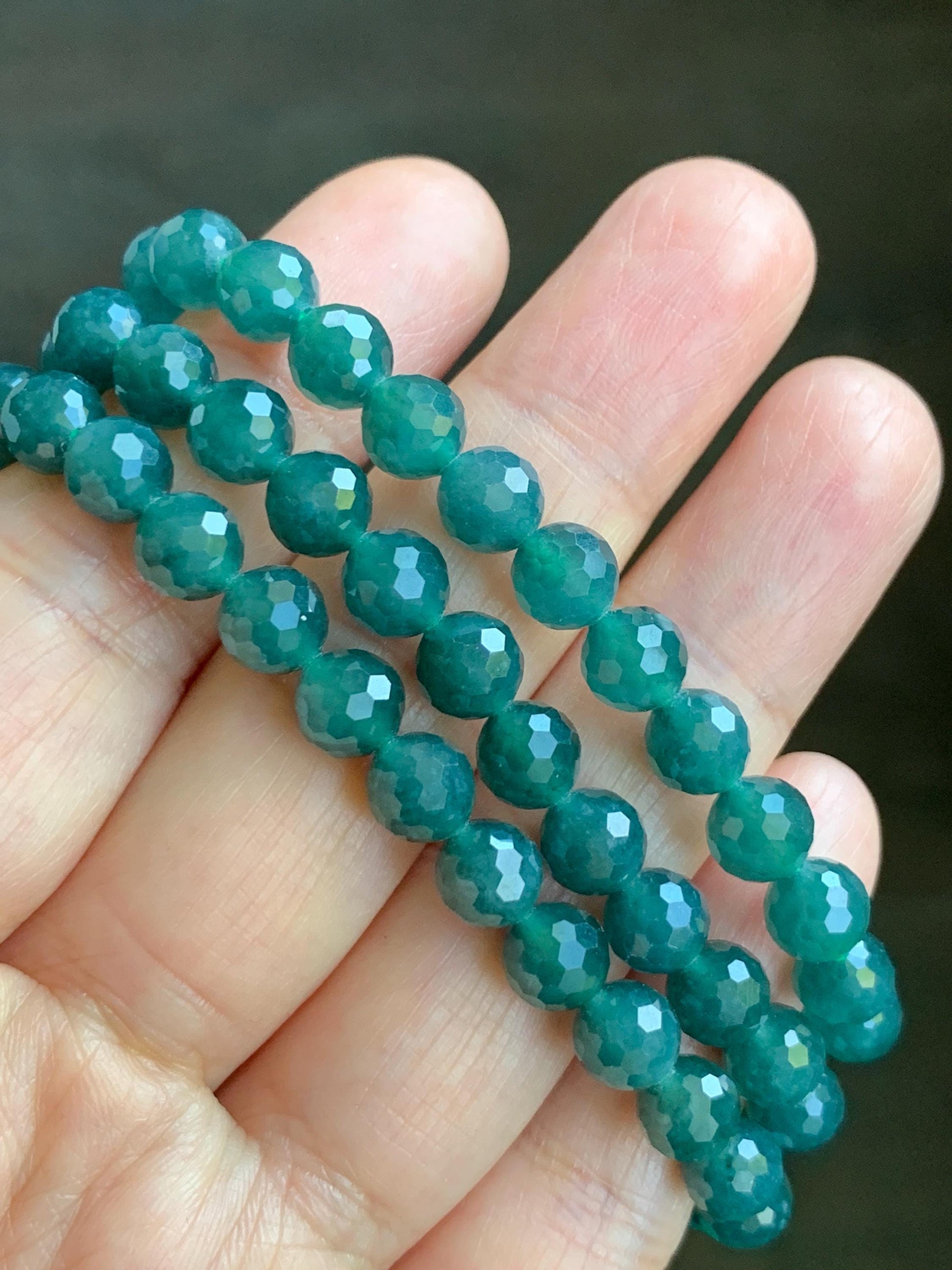 Natural Guatemalan Grade A Icy Translucent Dusty Teal Blue Faceted Jadeite Beaded Bracelet Stretchy 6.5mm