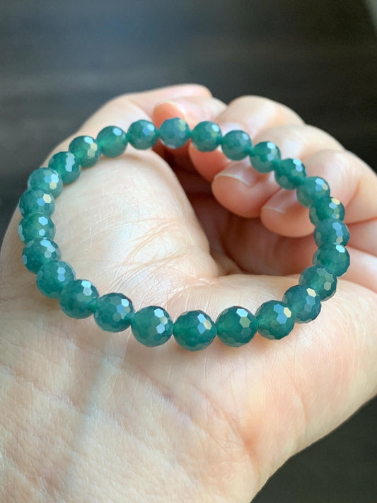Natural Guatemalan Grade A Icy Translucent Dusty Teal Blue Faceted Jadeite Beaded Bracelet Stretchy 6.5mm 6.5&quot; 11g 天然冰危蓝绿翡翠切割面圆珠手串