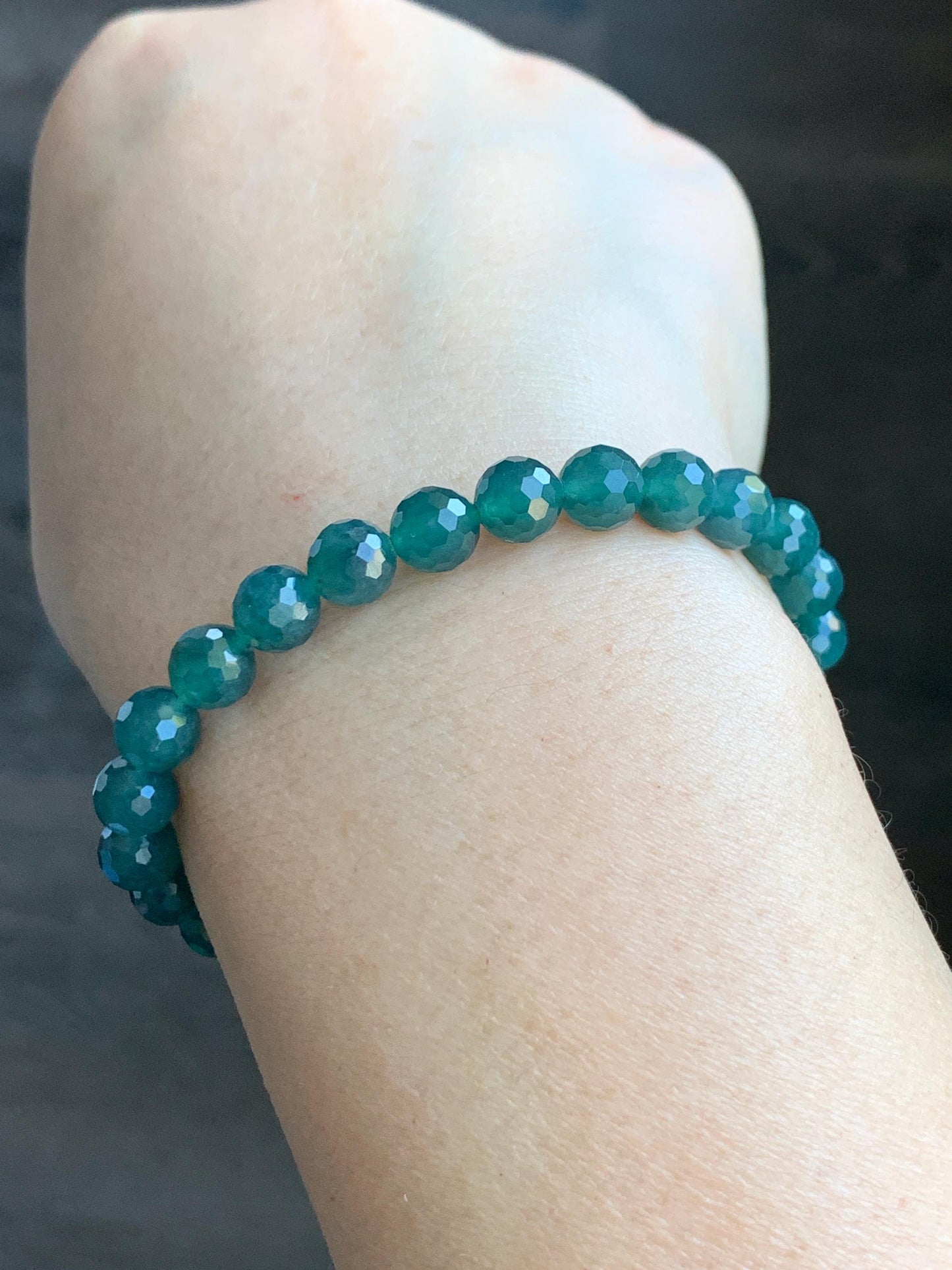 Natural Guatemalan Grade A Icy Translucent Dusty Teal Blue Faceted Jadeite Beaded Bracelet Stretchy 6.5mm