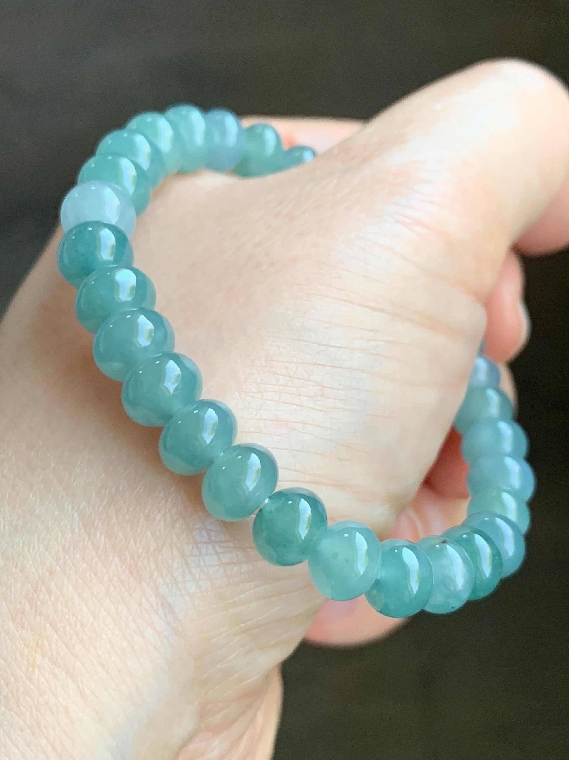 Natural Grade A Guatemalan Icy Translucent Teal Blue Jadeite Drum Beads Beaded Bracelet Stretchy