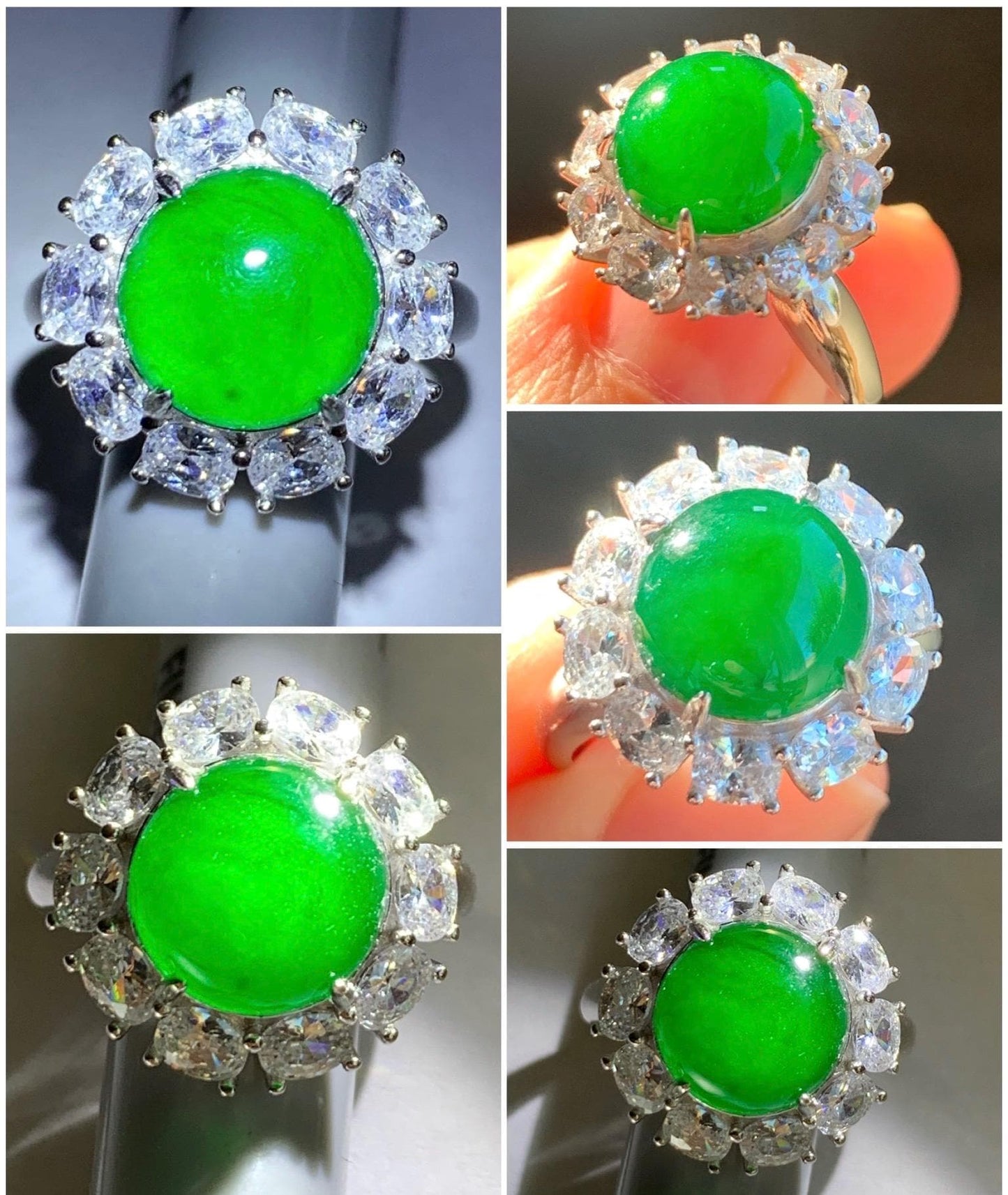 Certified Natural Grade A Guatemalan Icy Translucent Vibrant Green Round Jadeite Ring Sterling Silver Size Adjustable 天然冰危绿翡翠蛋面银镶戒指 7794
