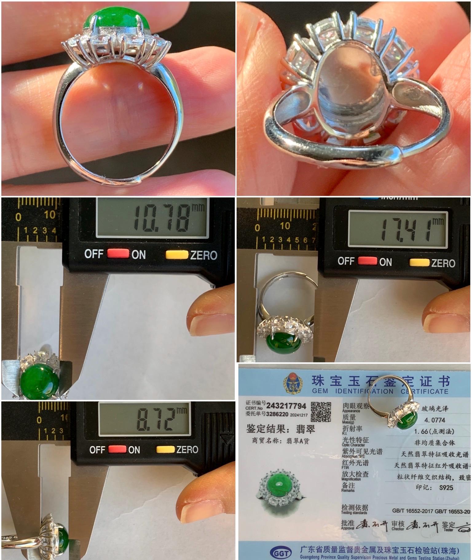 Certified Natural Grade A Guatemalan Icy Translucent Vibrant Green Round Jadeite Ring Sterling Silver Size Adjustable 天然冰危绿翡翠蛋面银镶戒指 7794