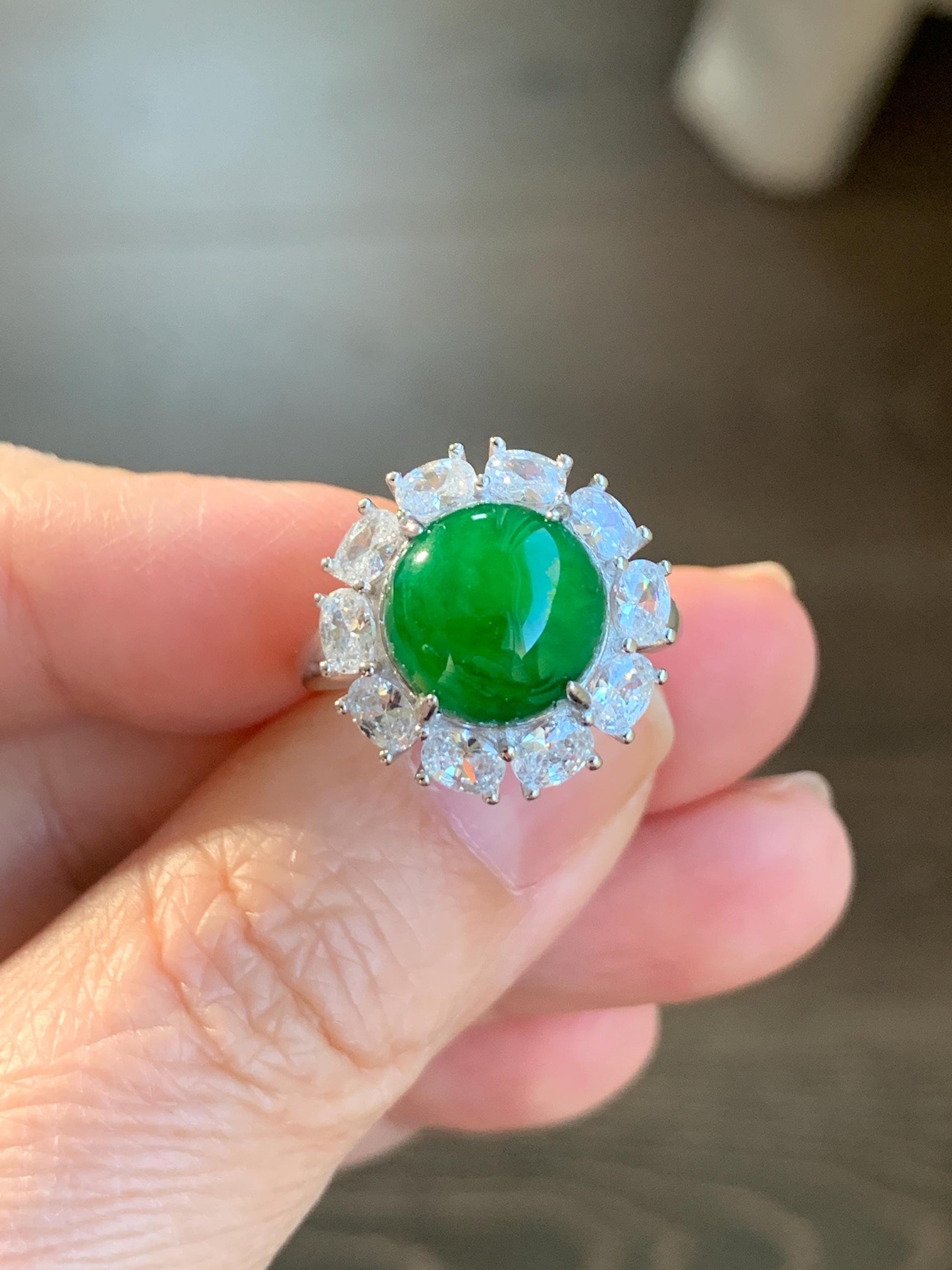 Certified Natural Grade A Guatemalan Icy Translucent Vibrant Green Round Jadeite Ring Sterling Silver Size Adjustable 天然冰危绿翡翠蛋面银镶戒指 7794