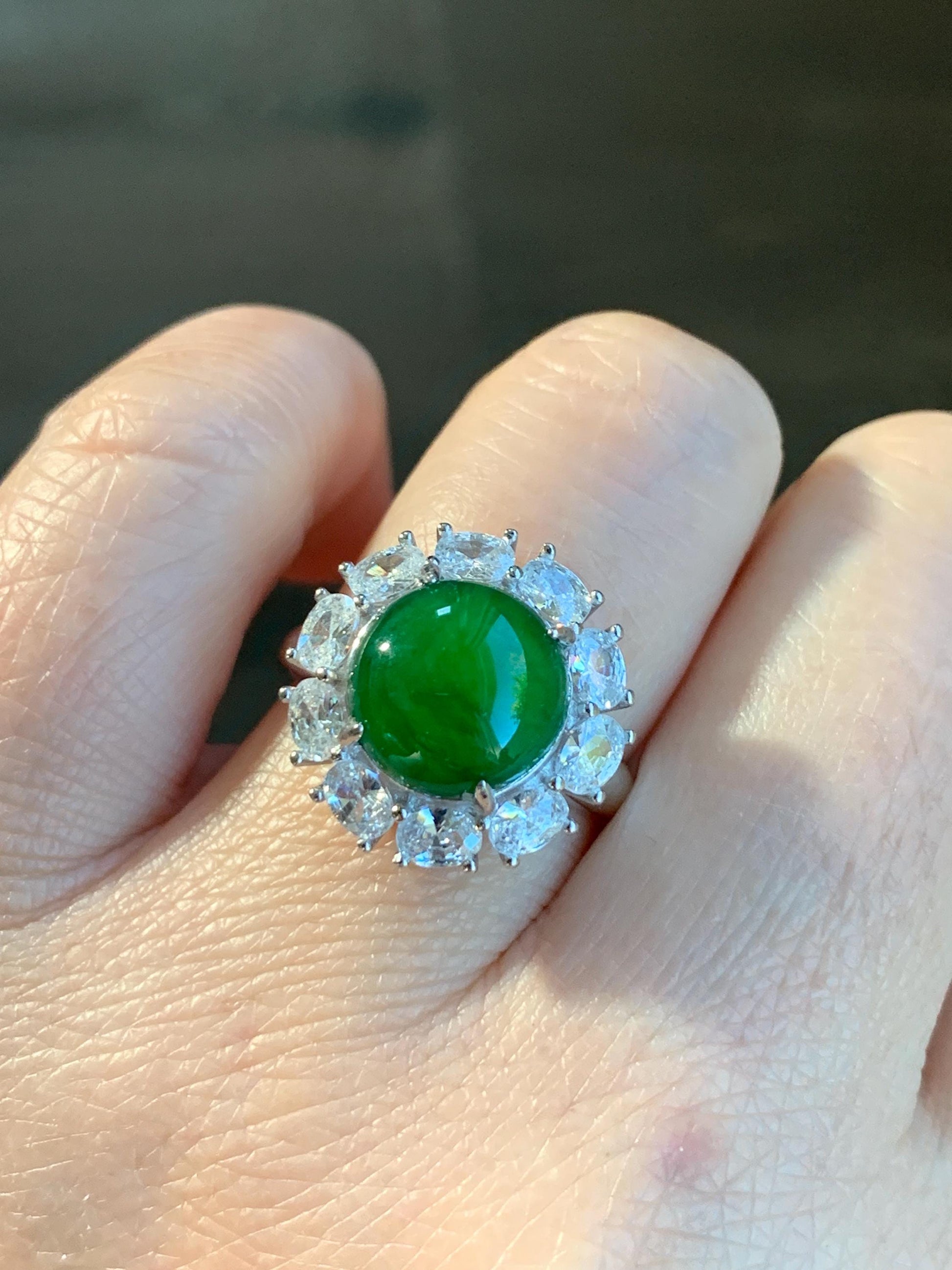 Certified Natural Grade A Guatemalan Icy Translucent Vibrant Green Round Jadeite Ring Sterling Silver Size Adjustable 天然冰危绿翡翠蛋面银镶戒指 7794