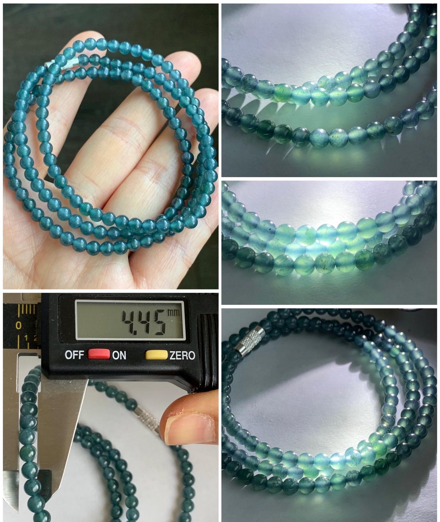 Natural Grade A Guatemalan Icy Highly Translucent Aegean Blue Jadeite Petite Beads Beaded Necklace 4.5mm 23” 21g 天然危料冰胶起光蓝水翡翠小珠项链 XWNL300