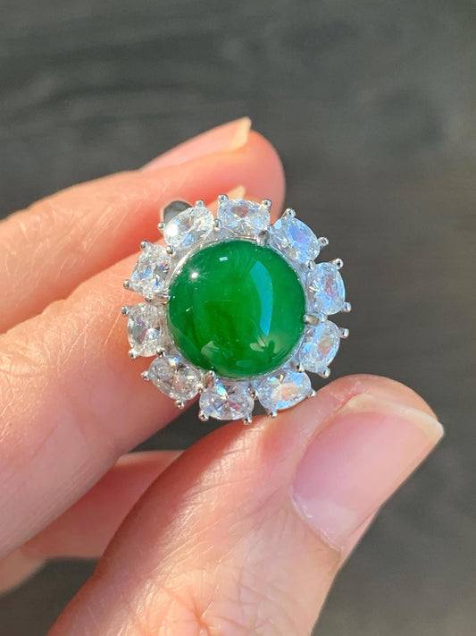 Certified Natural Grade A Guatemalan Icy Translucent Vibrant Green Round Jadeite Ring Sterling Silver Size Adjustable 天然冰危绿翡翠蛋面银镶戒指 7794